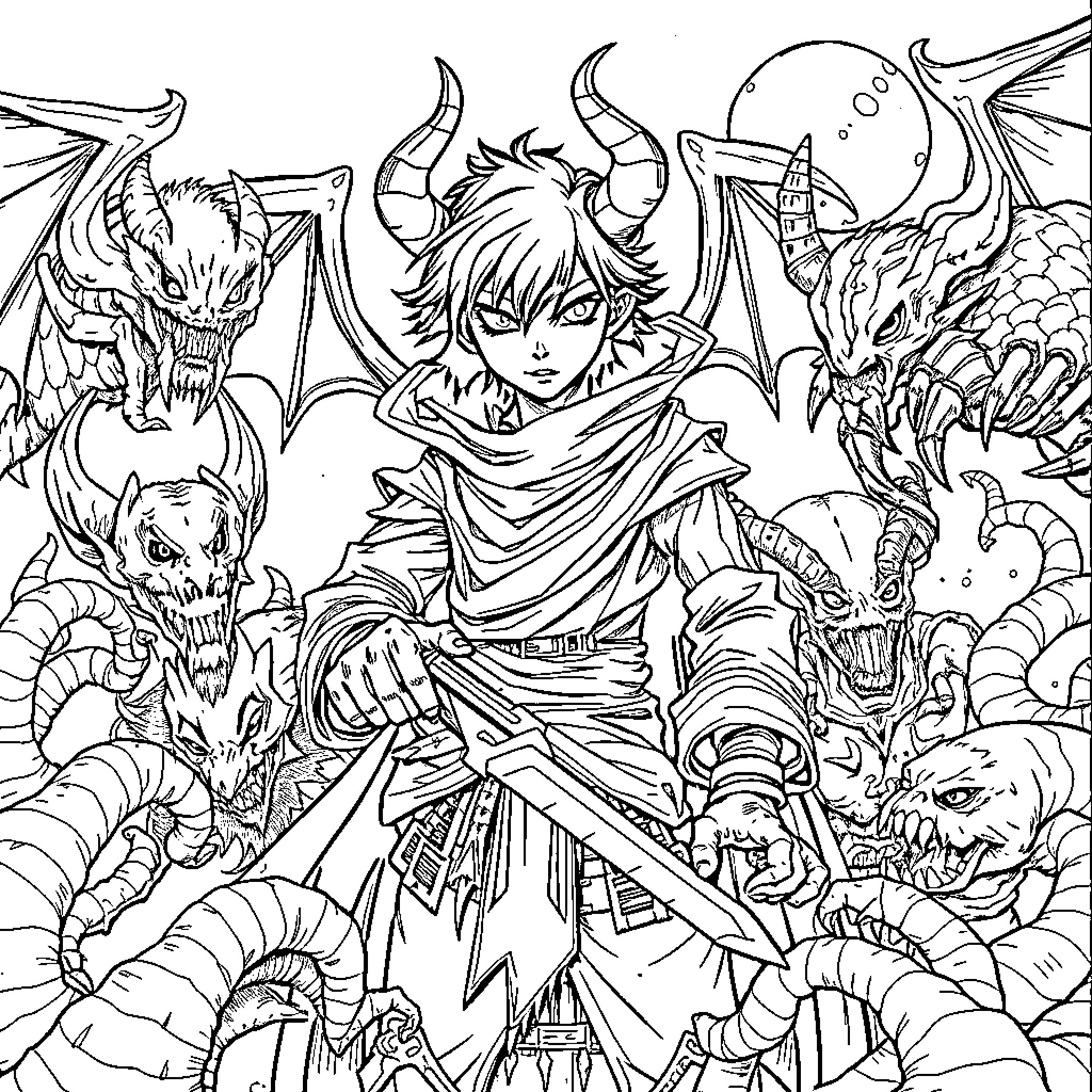 Demon Warrior Surrounded by Fierce Creatures Coloring Page (free black-and-white line drawing printable PDF for all, from beginners to advanced learners, including children, teens, adults, and seniors)