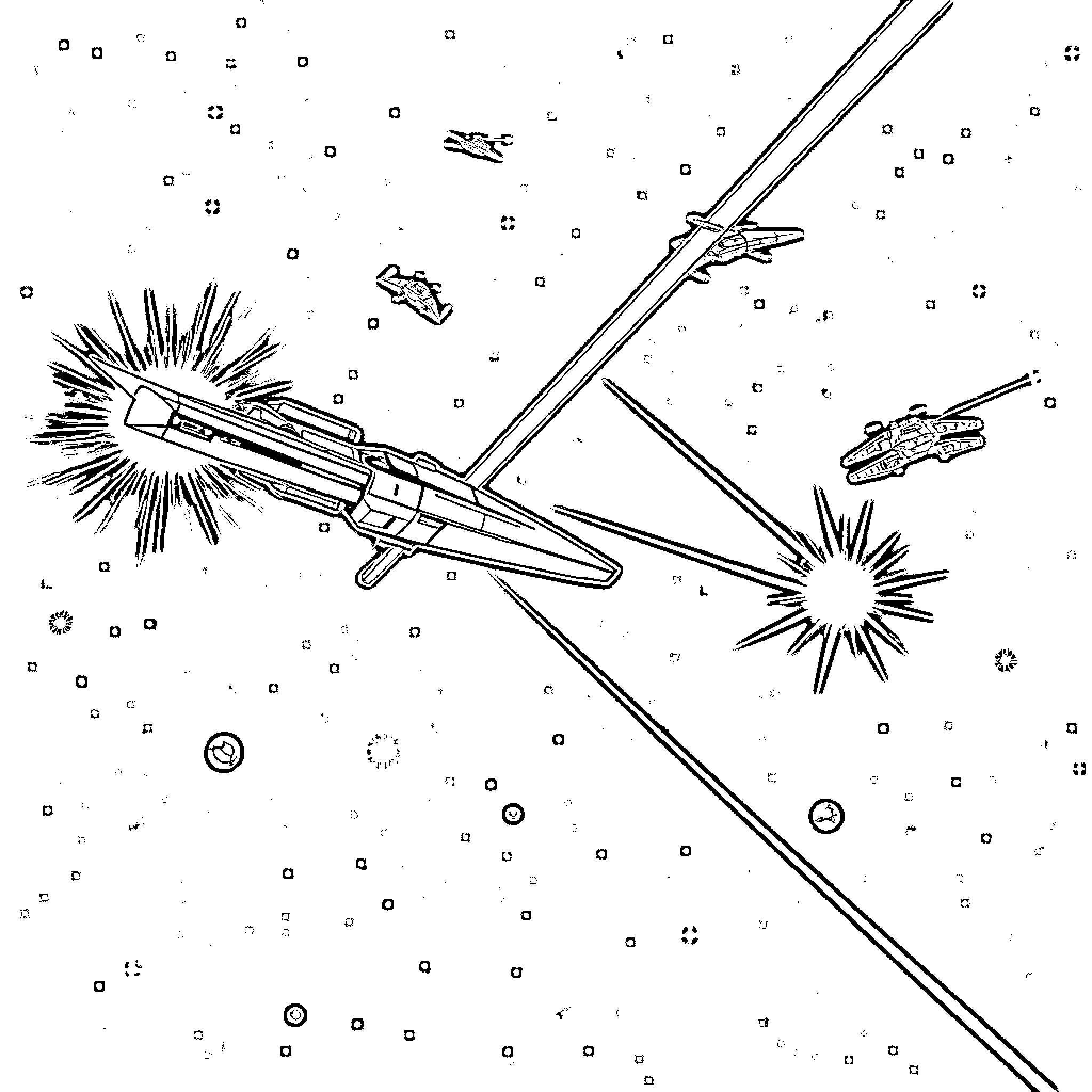 Star Wars: Starfighters engaged in intense space battle Coloring Page (free black-and-white line drawing printable PDF for all, from beginners to advanced learners, including children, teens, adults, and seniors)