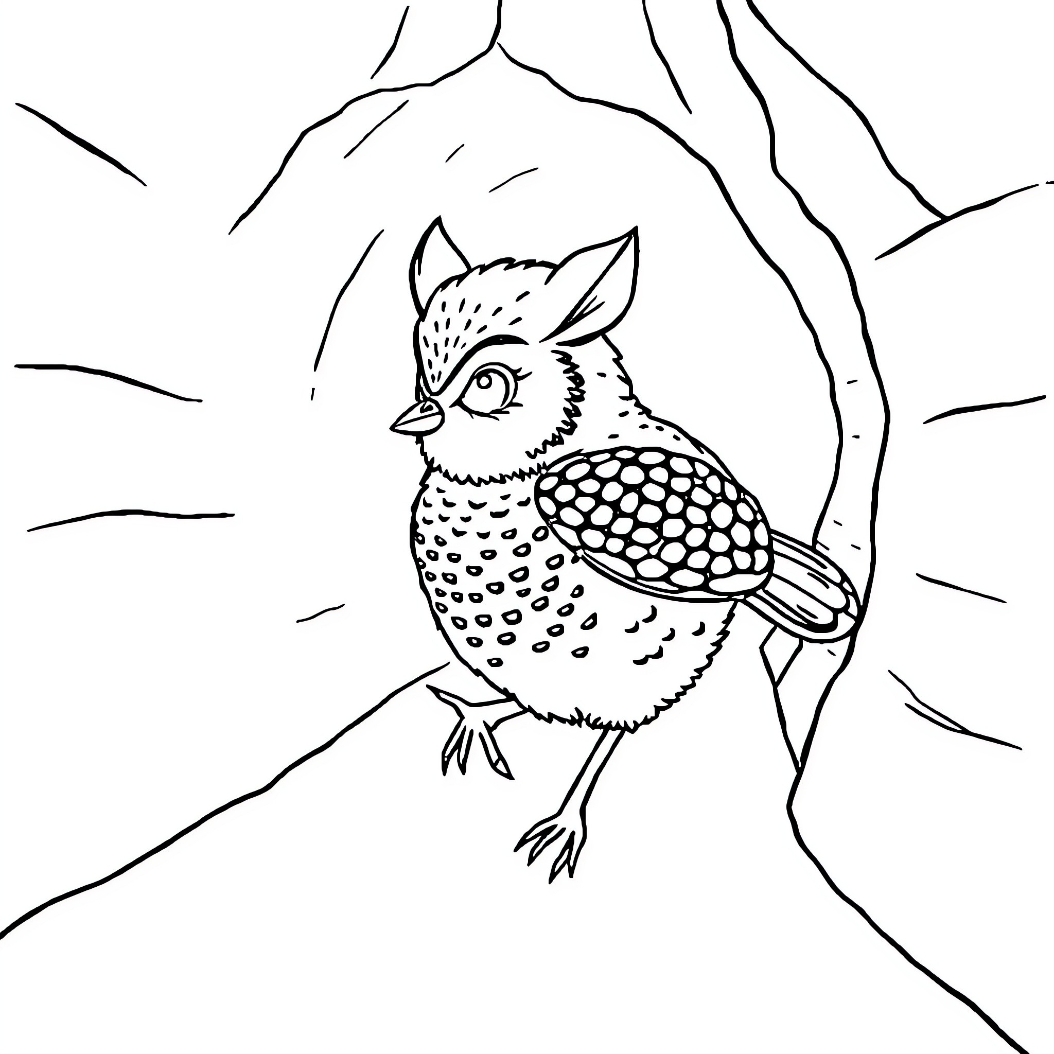 Hibou perched in the branches Coloring Page (free black-and-white line drawing printable PDF for all, from beginners to advanced learners, including children, teens, adults, and seniors)