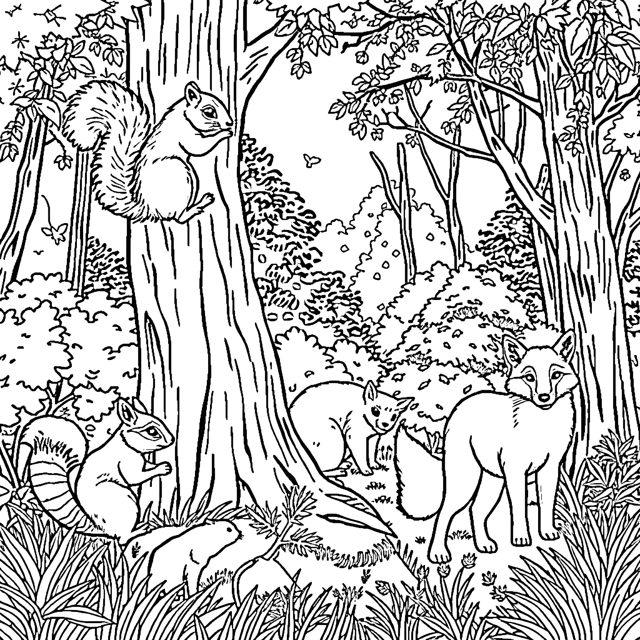 Wildlife in the Enchanted Forest Coloring Page (free black-and-white line drawing printable PDF for all, from beginners to advanced learners, including children, teens, adults, and seniors)