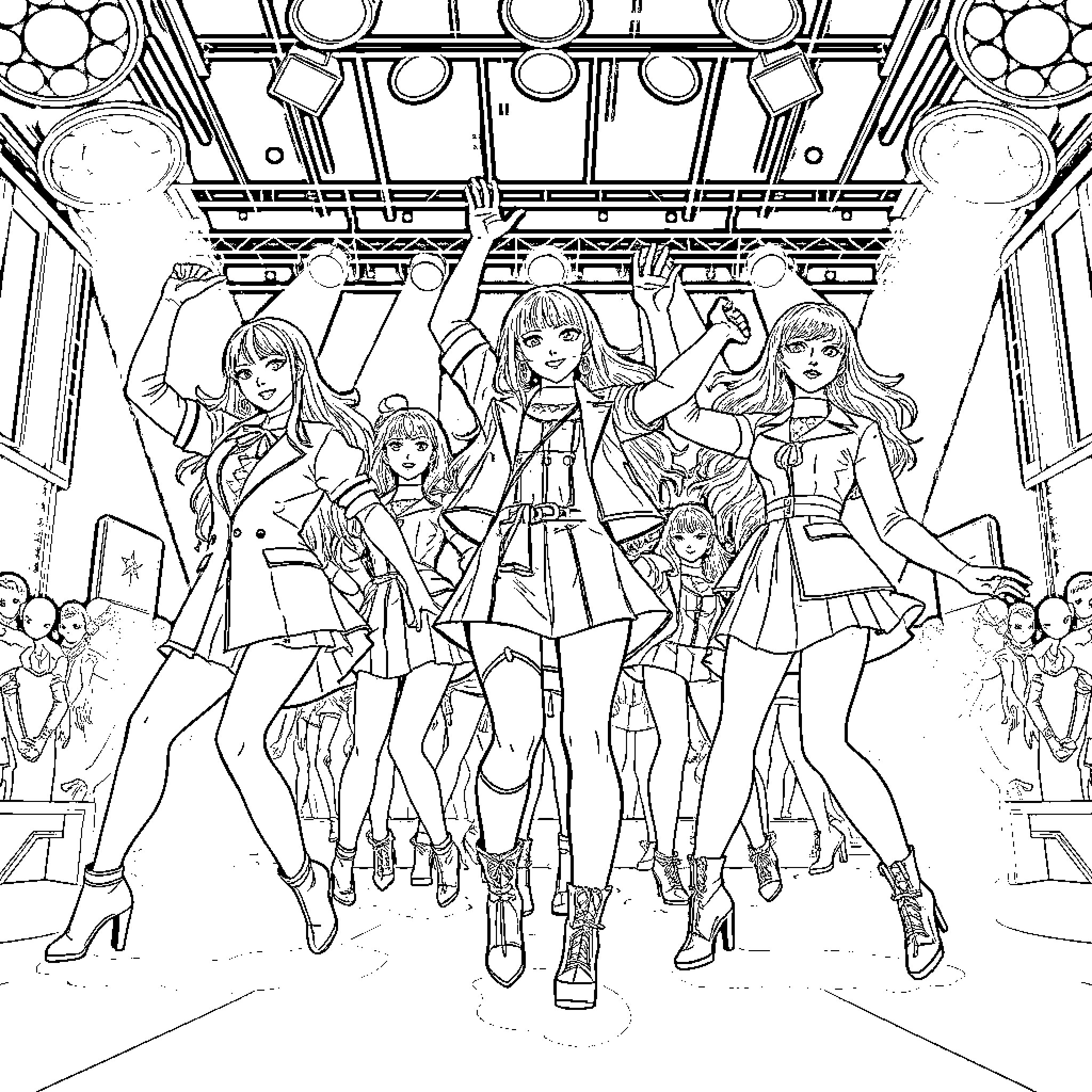 K Pop Warrior Squad in Action on Stage Coloring Page (free black-and-white line drawing printable PDF for all, from beginners to advanced learners, including children, teens, adults, and seniors)