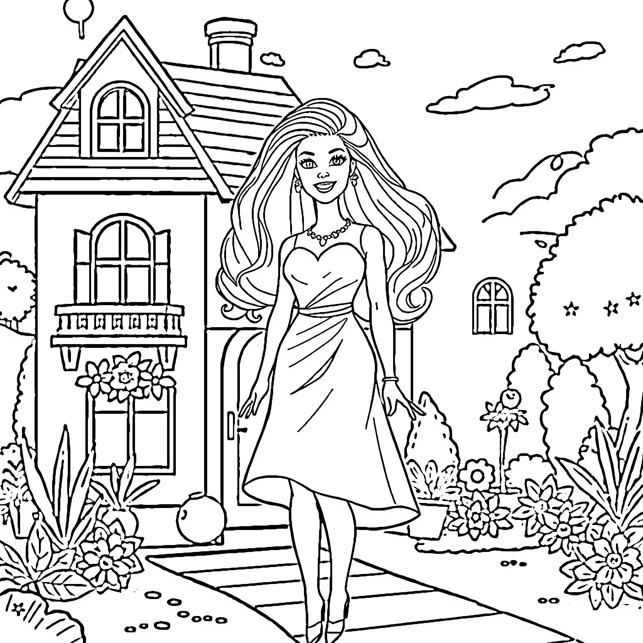 Barbie posing gracefully in front of a charming house Coloring Page (free black-and-white line drawing printable PDF for all, from beginners to advanced learners, including children, teens, adults, and seniors)