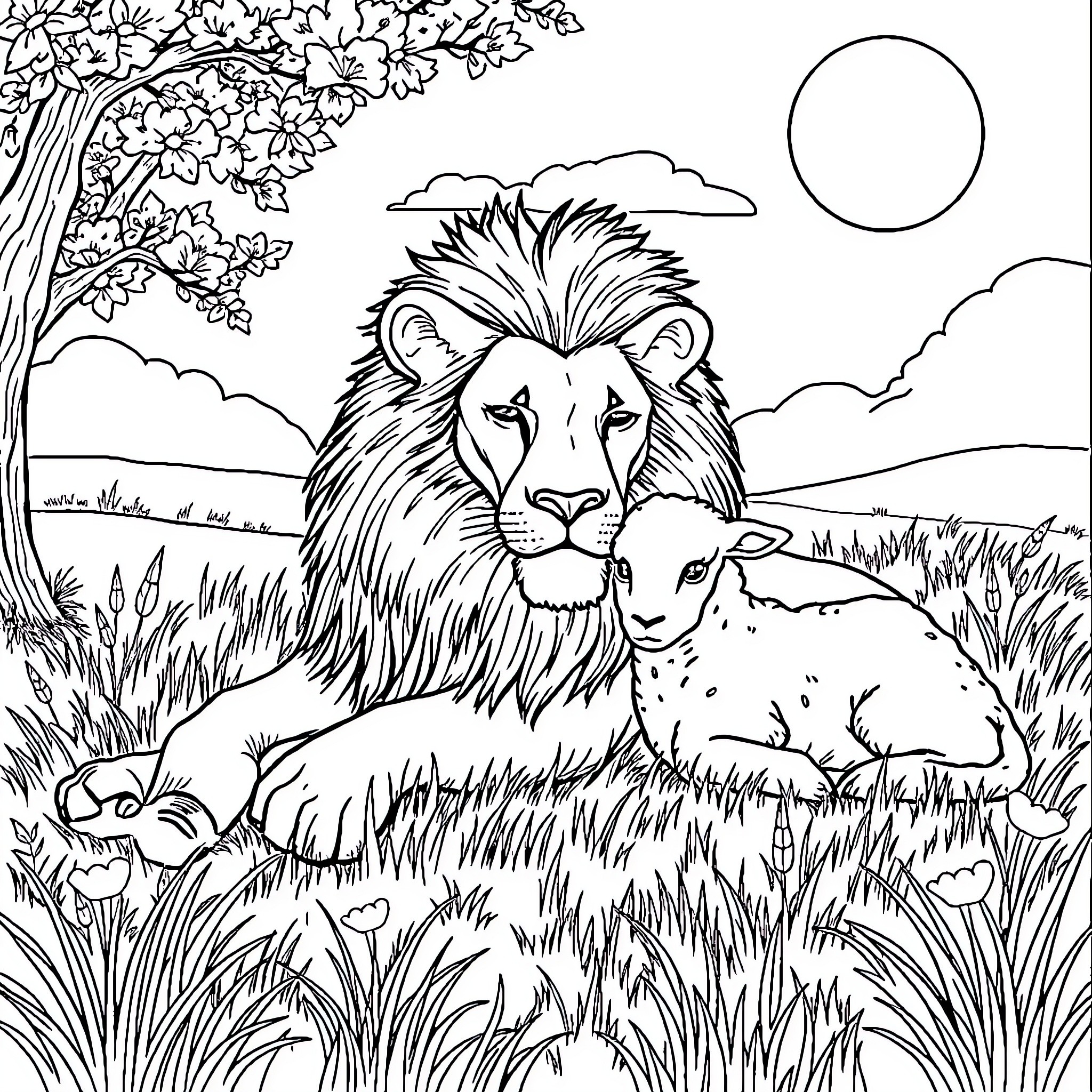 Lion guarding lamb in peaceful savanna scene Coloring Page (free black-and-white line drawing printable PDF for all, from beginners to advanced learners, including children, teens, adults, and seniors)