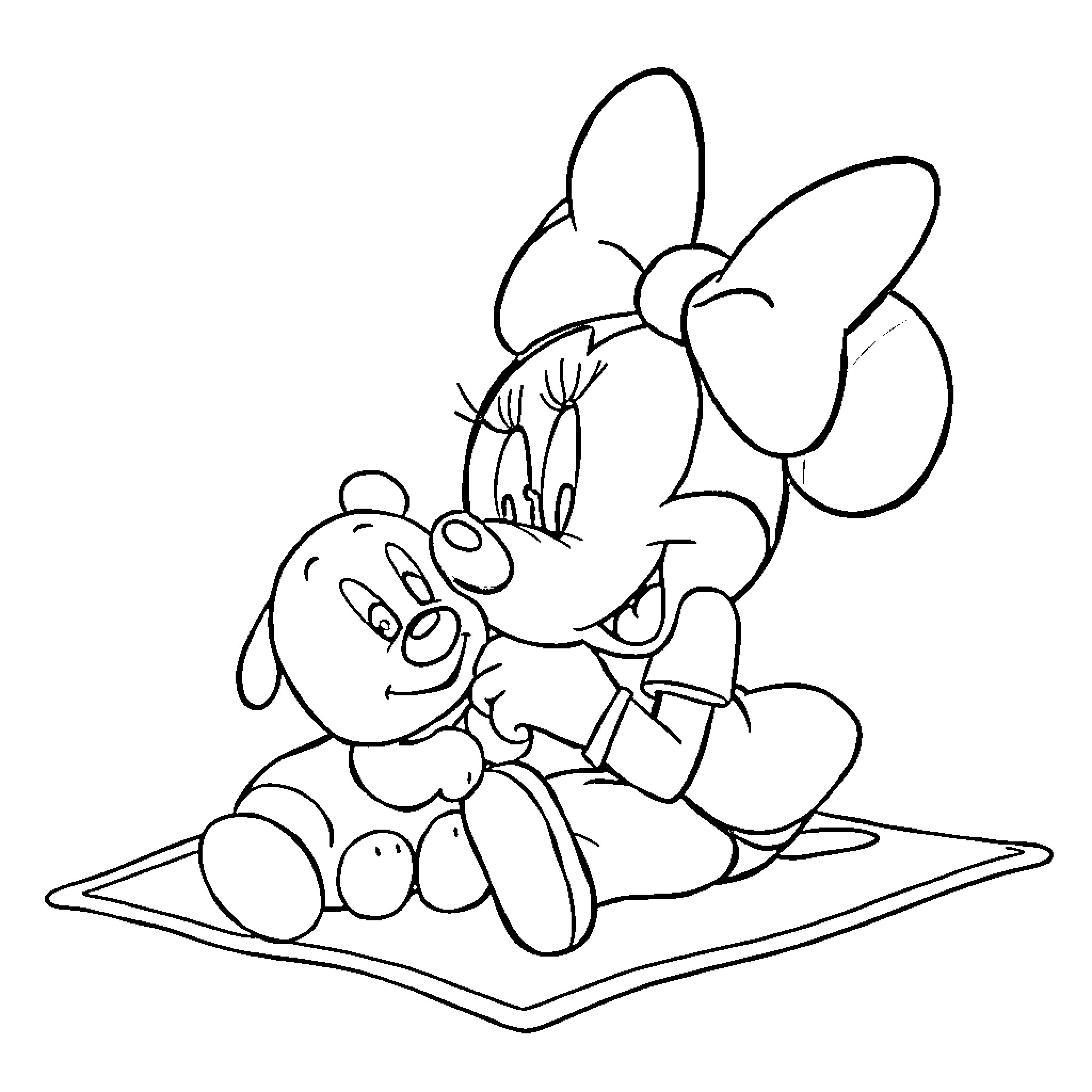 Minnie resting comfortably on plush mat Coloring Page (free black-and-white line drawing printable PDF for all, from beginners to advanced learners, including children, teens, adults, and seniors)
