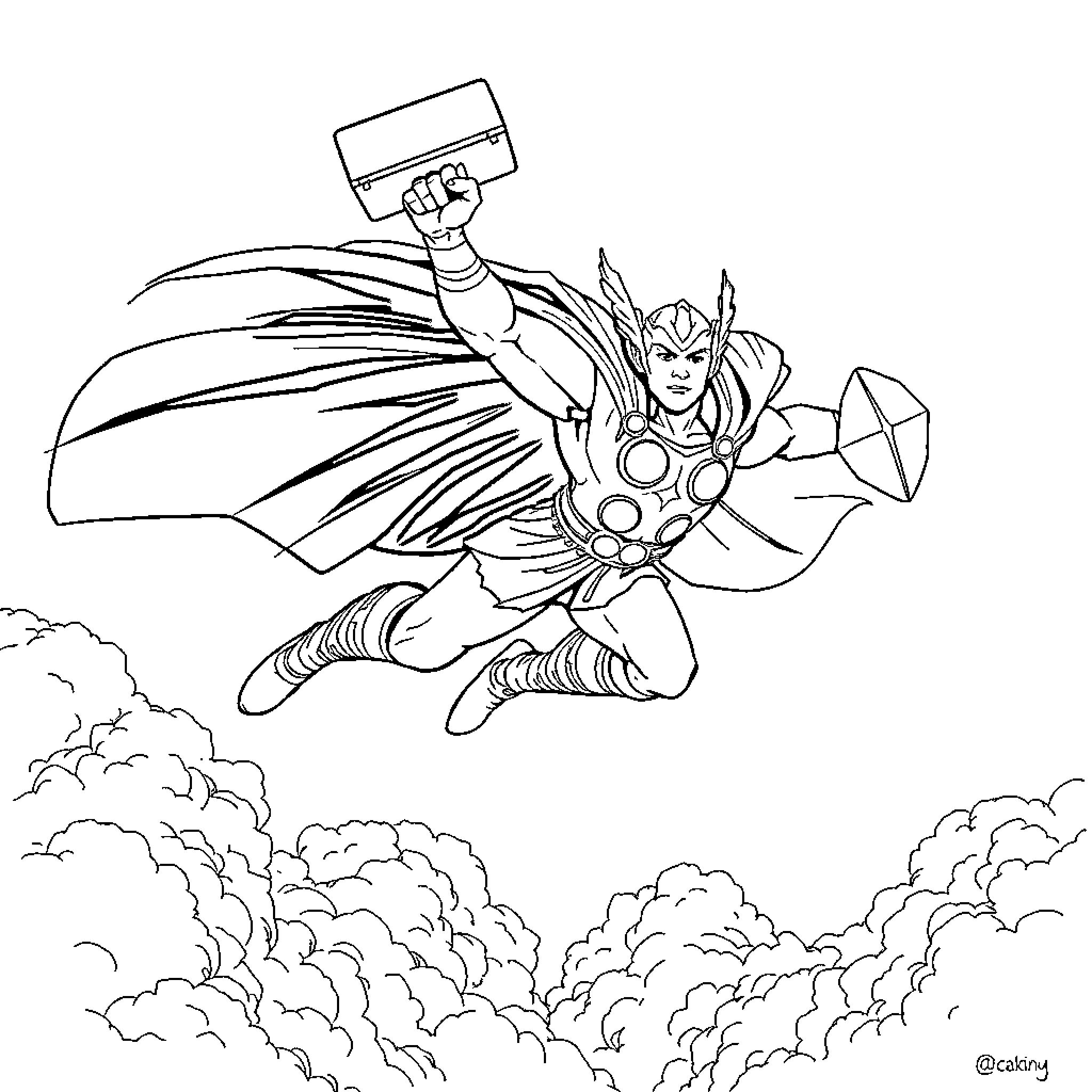 Thor battling with mighty hammer in the sky Coloring Page (free black-and-white line drawing printable PDF for all, from beginners to advanced learners, including children, teens, adults, and seniors)