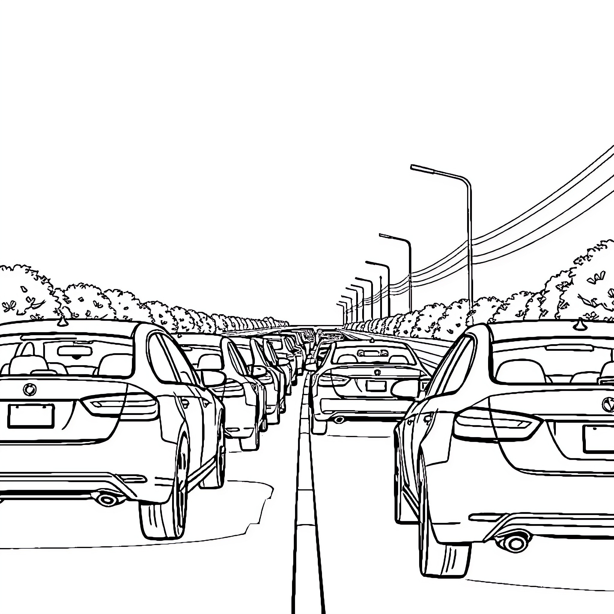 Car traffic on busy urban street Coloring Page (free black-and-white line drawing printable PDF for all, from beginners to advanced learners, including children, teens, adults, and seniors)