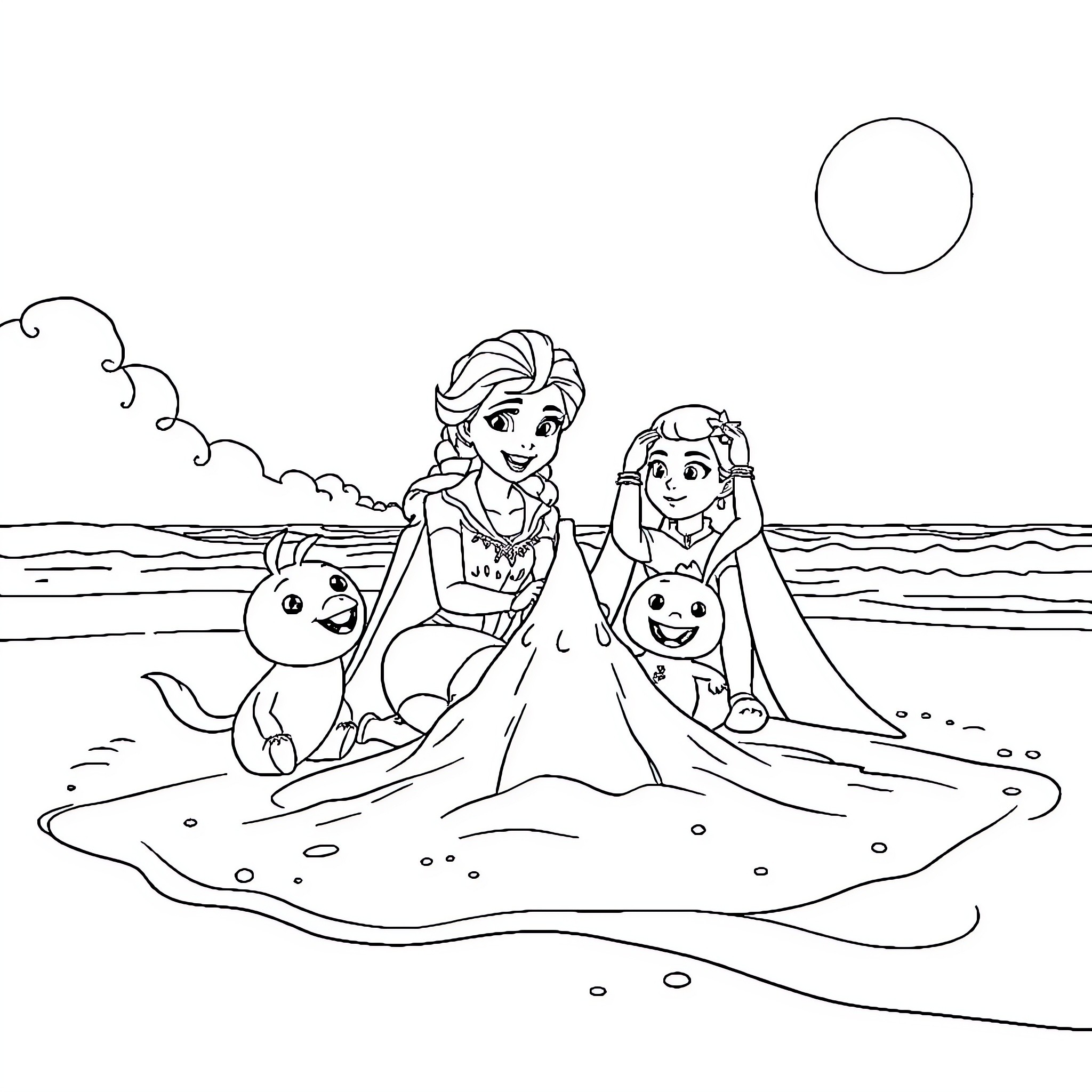 Anna and Elsa enjoying beach time with Olaf Coloring Page (free black-and-white line drawing printable PDF for all, from beginners to advanced learners, including children, teens, adults, and seniors)