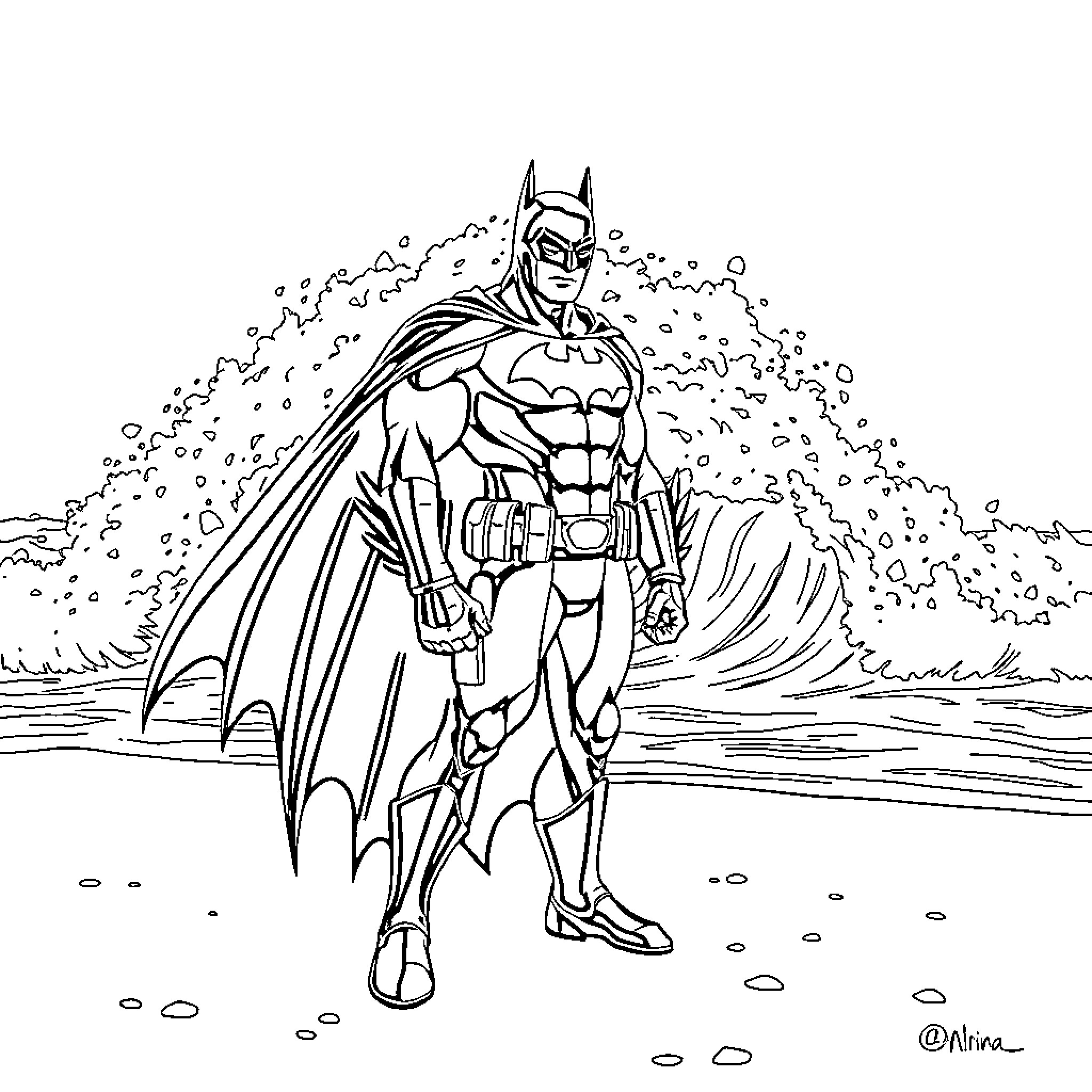 Batman in heroic pose with dramatic background Coloring Page (free black-and-white line drawing printable PDF for all, from beginners to advanced learners, including children, teens, adults, and seniors)