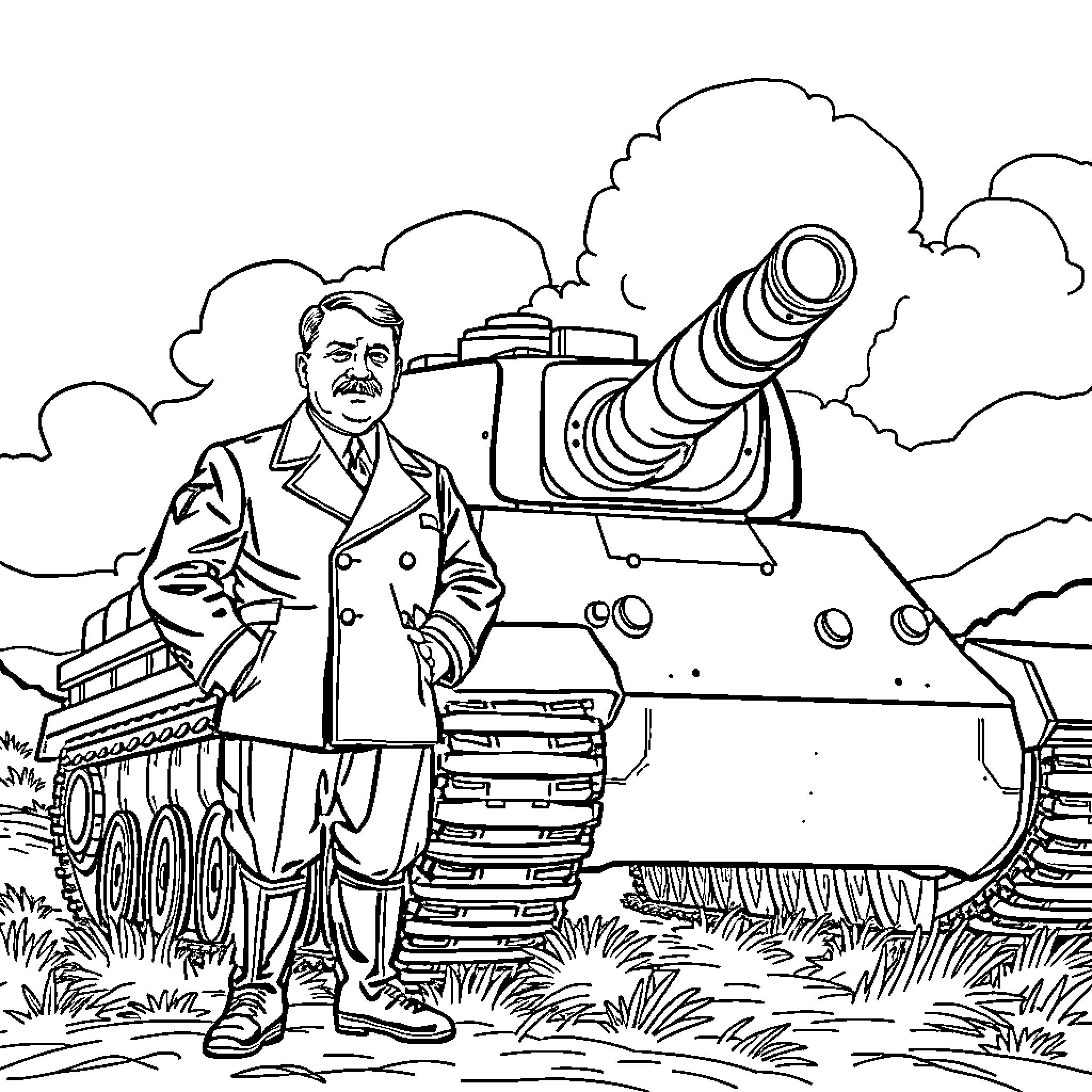 Adolf Hitler Observing a Formidable Tank in the Battlefield Coloring Page (free black-and-white line drawing printable PDF for all, from beginners to advanced learners, including children, teens, adults, and seniors)