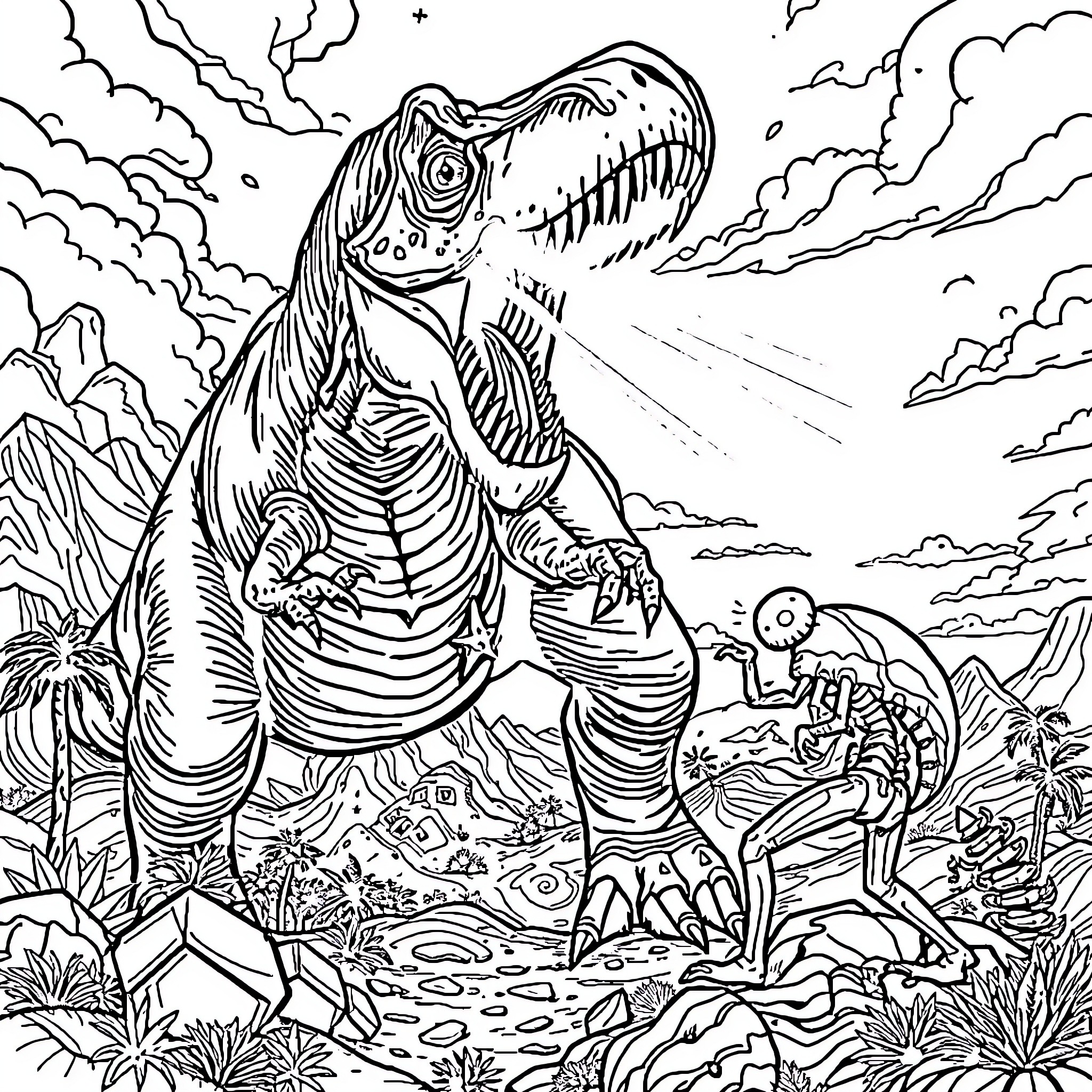 Dinosaur Encounter in Prehistoric Landscape Coloring Page (free black-and-white line drawing printable PDF for all, from beginners to advanced learners, including children, teens, adults, and seniors)