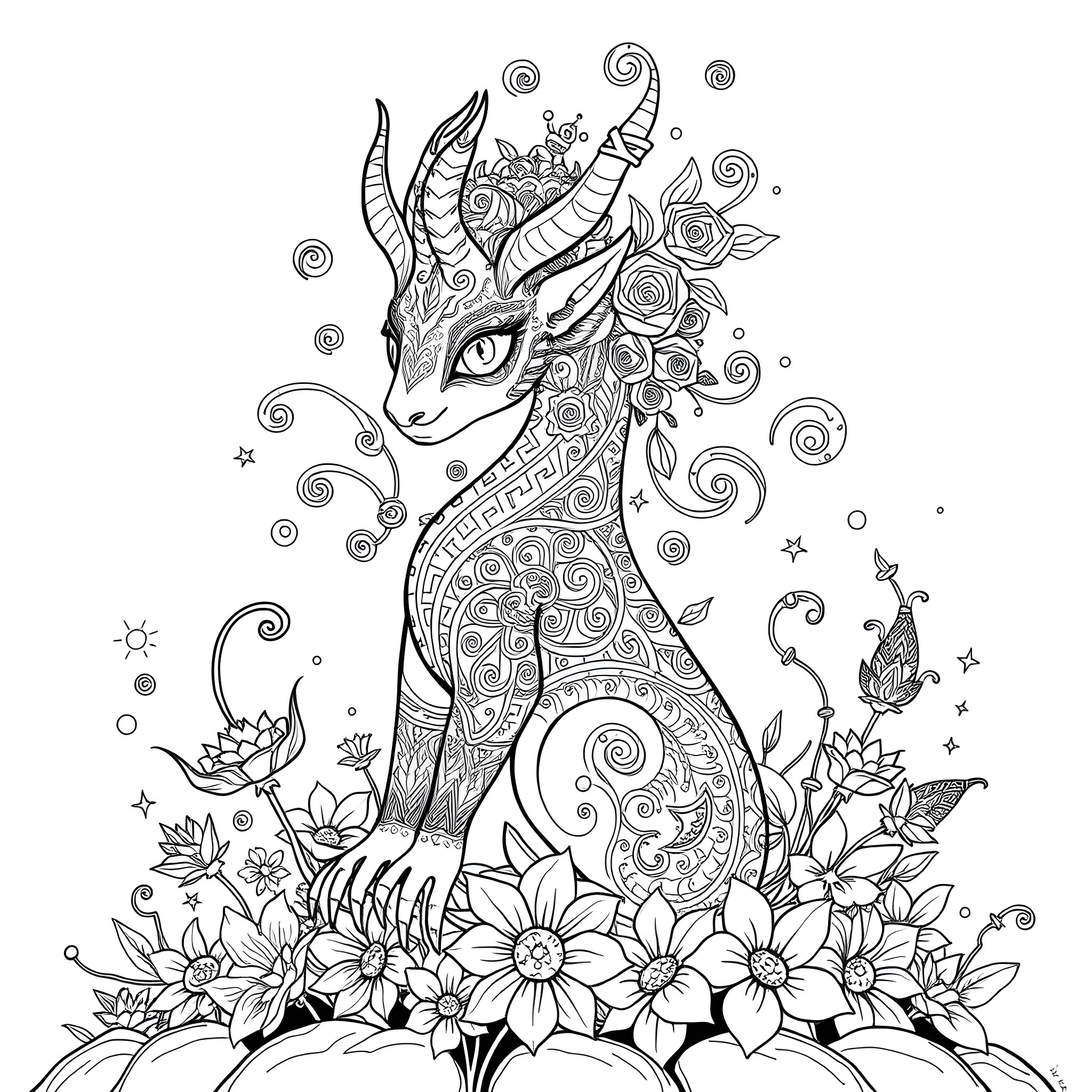 Mus'i: Enchanting Dragon Amidst Floral Splendor Coloring Page (free black-and-white line drawing printable PDF for all, from beginners to advanced learners, including children, teens, adults, and seniors)