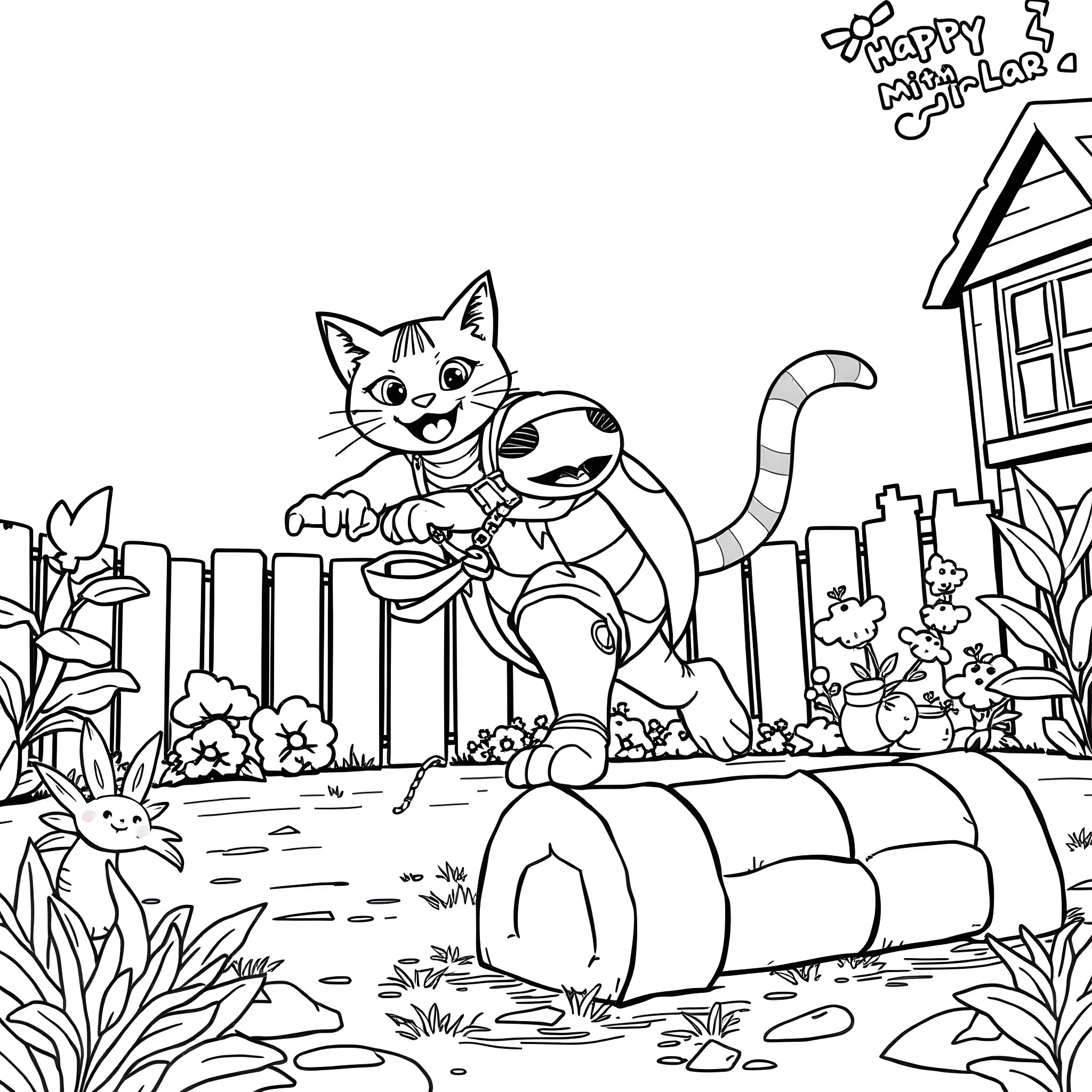 Cat playing joyfully in the garden Coloring Page (free black-and-white line drawing printable PDF for all, from beginners to advanced learners, including children, teens, adults, and seniors)