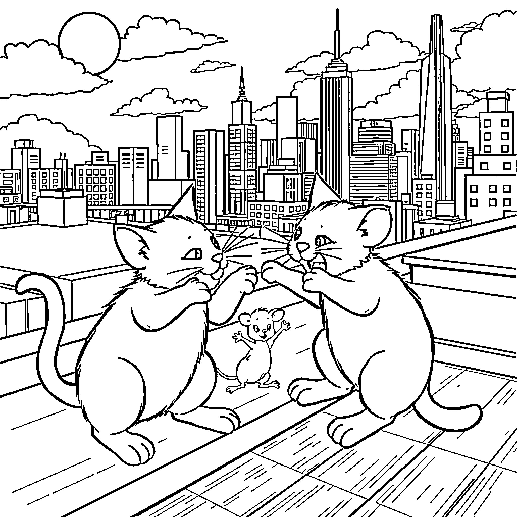 Cats exploring the urban city skyline Coloring Page (free black-and-white line drawing printable PDF for all, from beginners to advanced learners, including children, teens, adults, and seniors)