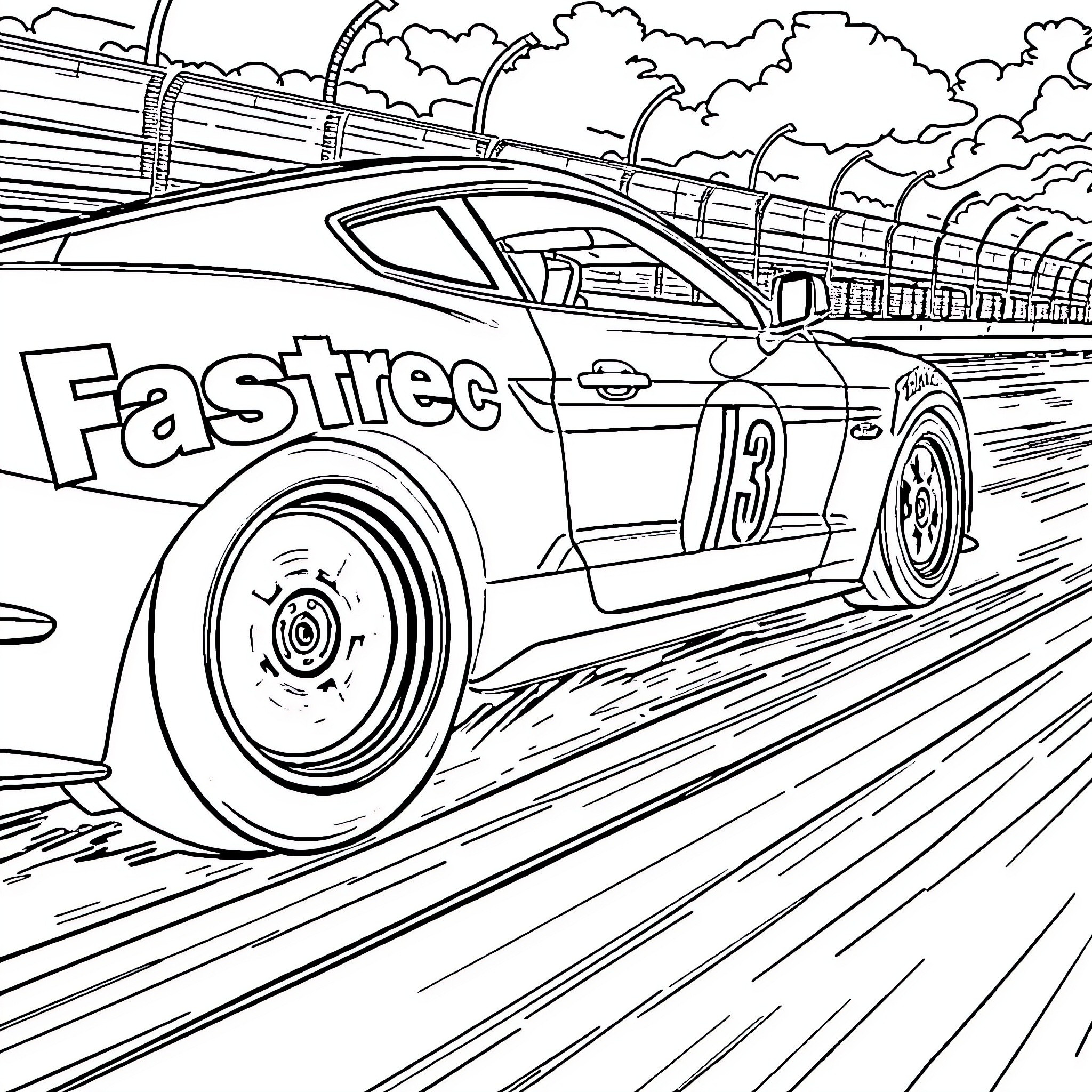 Ford Mustang Racing on a High-Speed Track Coloring Page (free black-and-white line drawing printable PDF for all, from beginners to advanced learners, including children, teens, adults, and seniors)