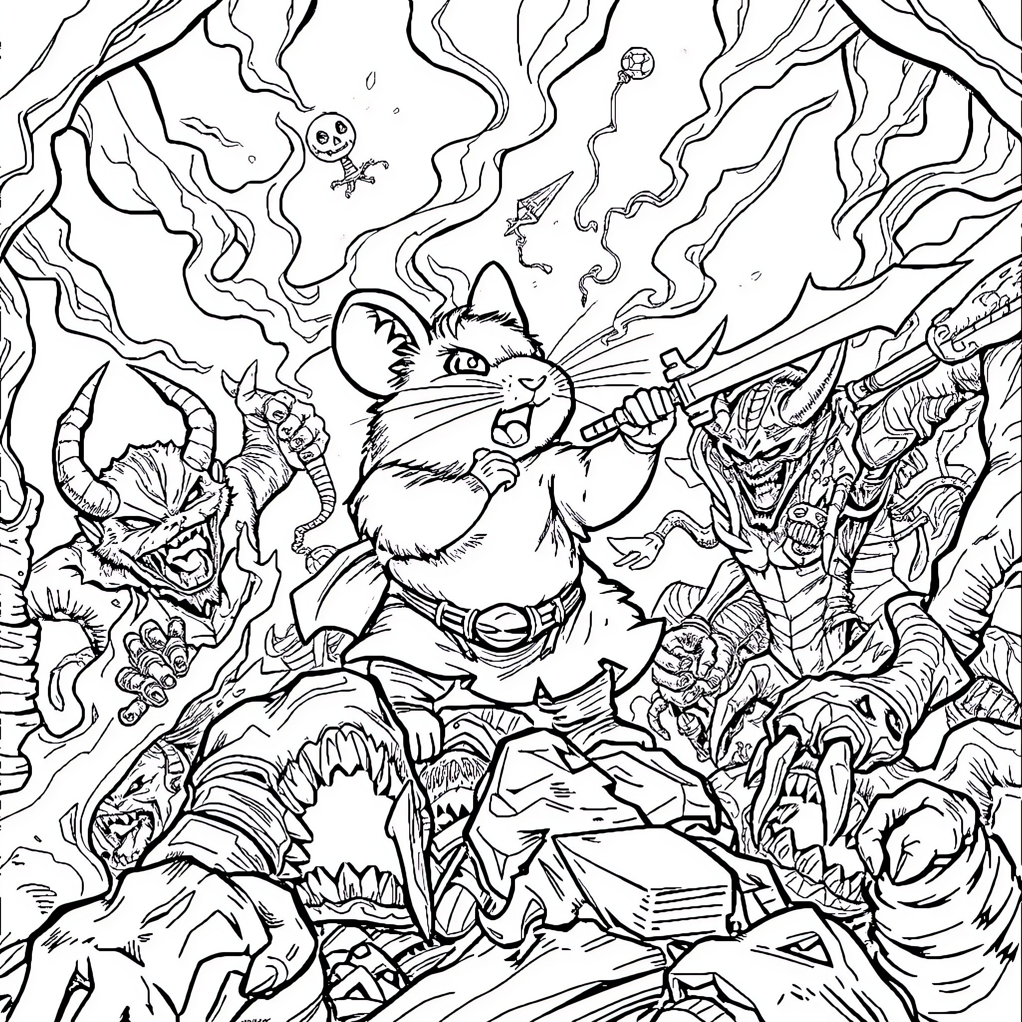Gerbil heroically battling otherworldly creatures Coloring Page (free black-and-white line drawing printable PDF for all, from beginners to advanced learners, including children, teens, adults, and seniors)