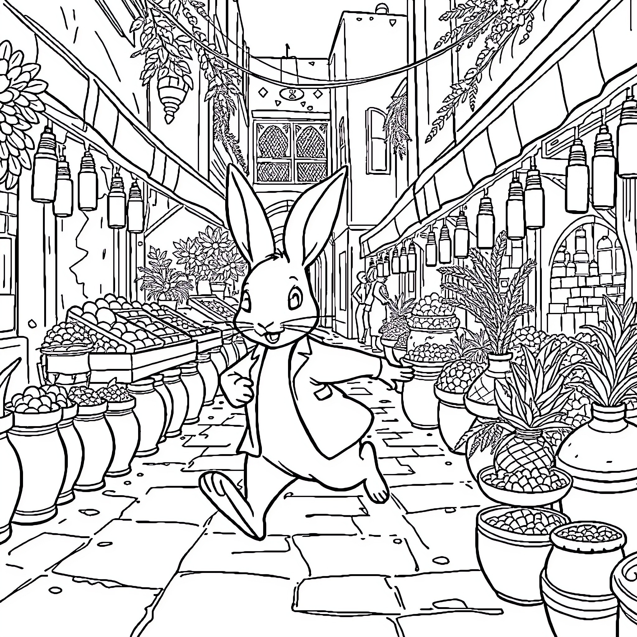 Peter Rabbit exploring a bustling marketplace Coloring Page (free black-and-white line drawing printable PDF for all, from beginners to advanced learners, including children, teens, adults, and seniors)