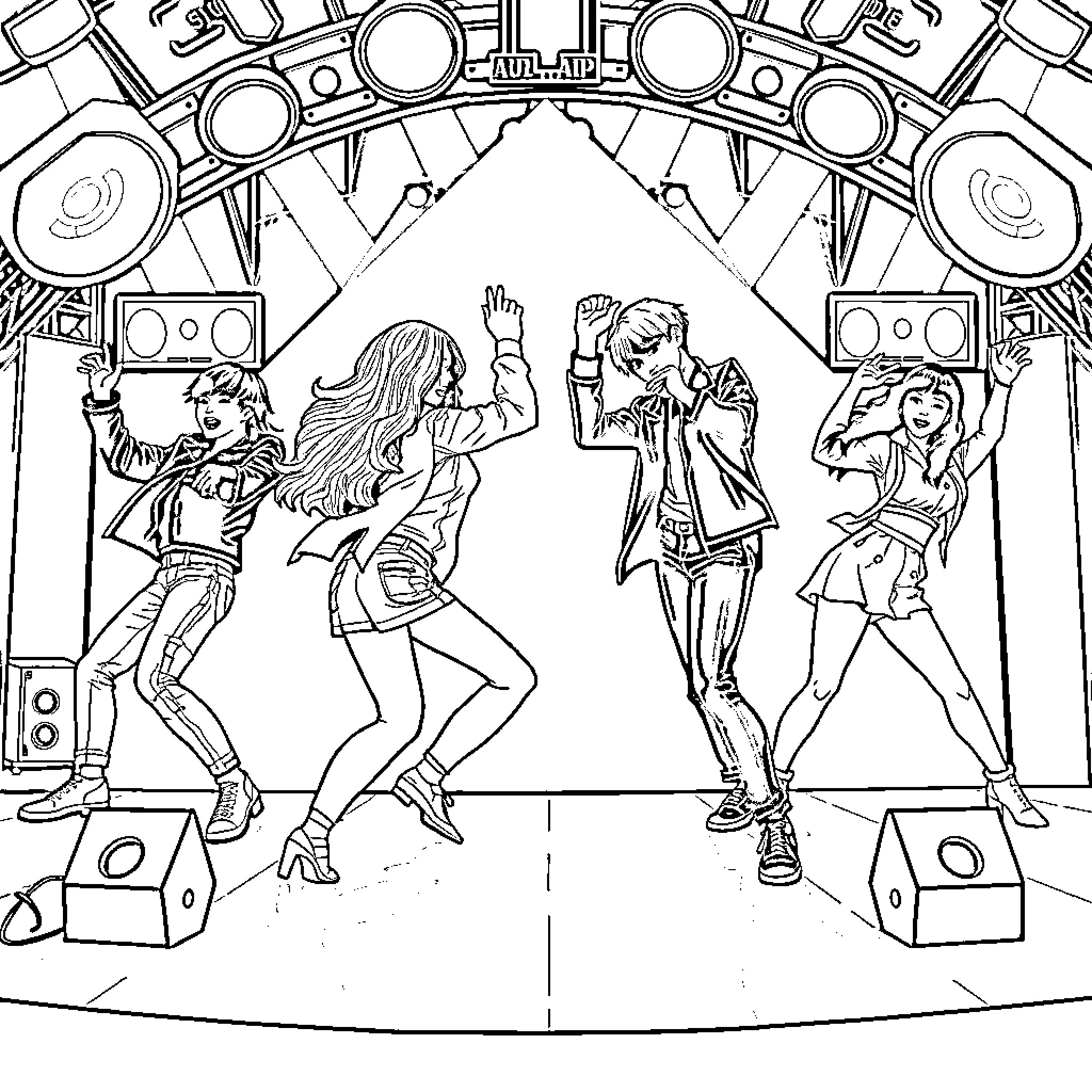 War on the dance floor with passionate performers Coloring Page (free black-and-white line drawing printable PDF for all, from beginners to advanced learners, including children, teens, adults, and seniors)