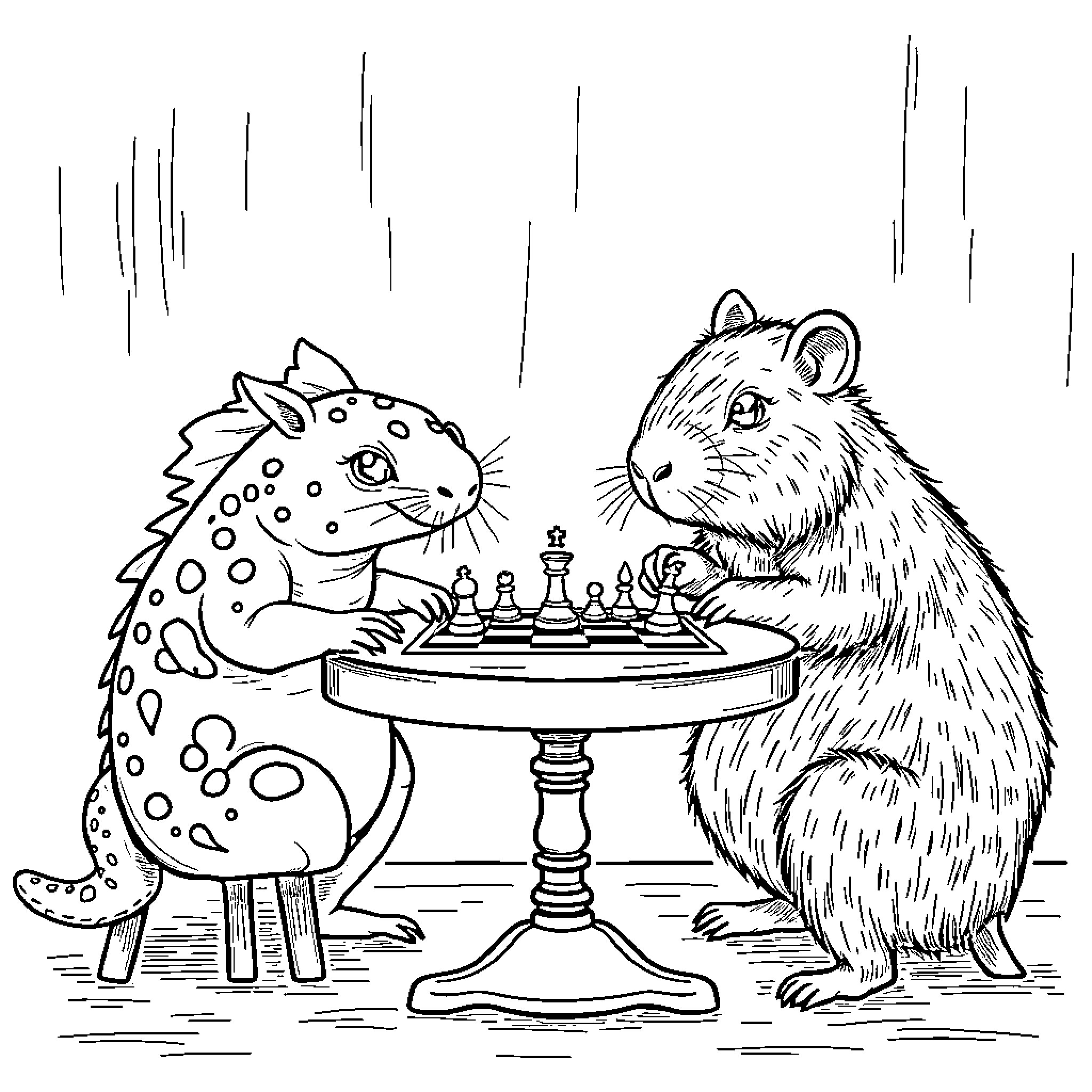 Axolotl and Hamster Playing Chess Coloring Page (free black-and-white line drawing printable PDF for all, from beginners to advanced learners, including children, teens, adults, and seniors)