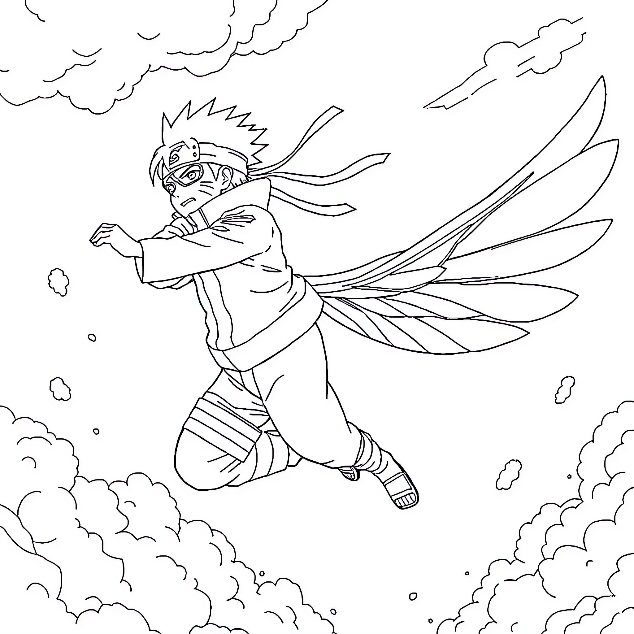 Naruto in action with wings and ninja gear Coloring Page (free black-and-white line drawing printable PDF for all, from beginners to advanced learners, including children, teens, adults, and seniors)
