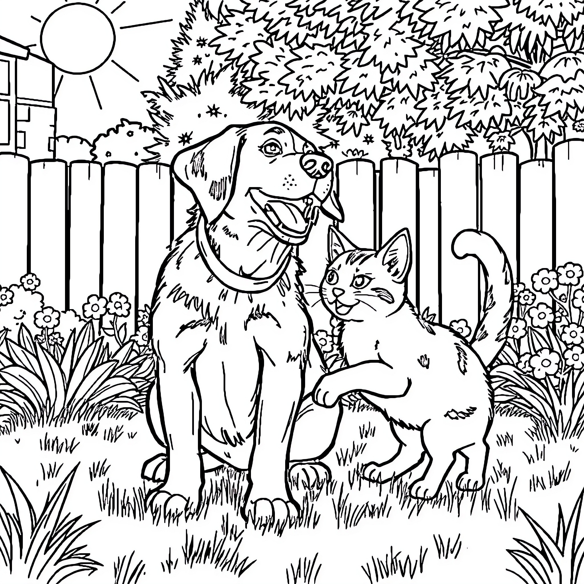 Dog and Cat Playing in the Garden Coloring Page (free black-and-white line drawing printable PDF for all, from beginners to advanced learners, including children, teens, adults, and seniors)