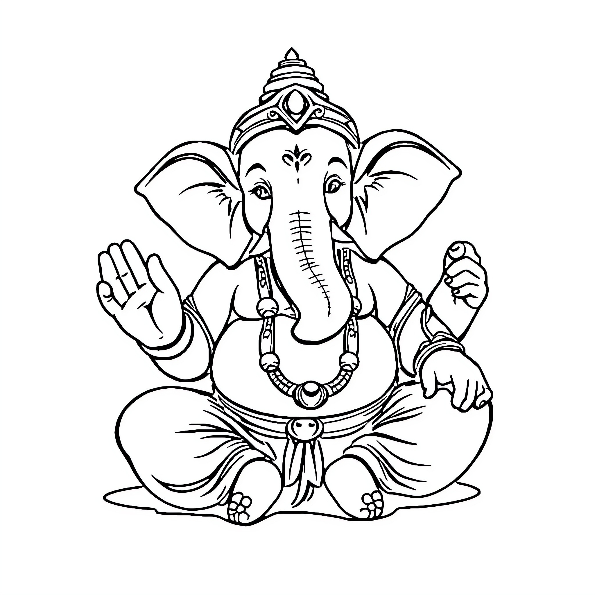 Ganesh the Elephant-Headed Deity Sitting in Contemplation Coloring Page (free black-and-white line drawing printable PDF for all, from beginners to advanced learners, including children, teens, adults, and seniors)
