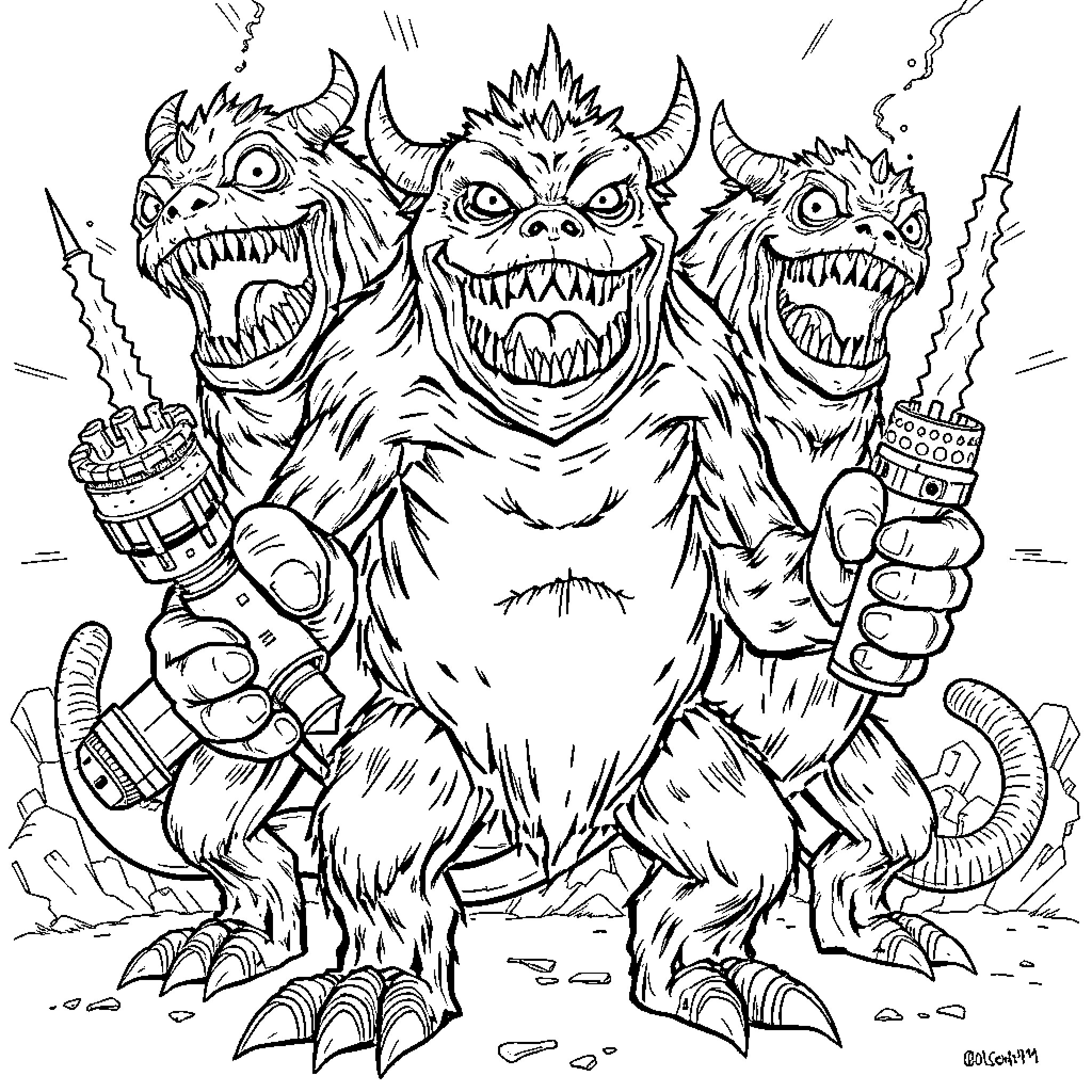 Monster Trio with Fearsome Expressions and Weapons Coloring Page (free black-and-white line drawing printable PDF for all, from beginners to advanced learners, including children, teens, adults, and seniors)