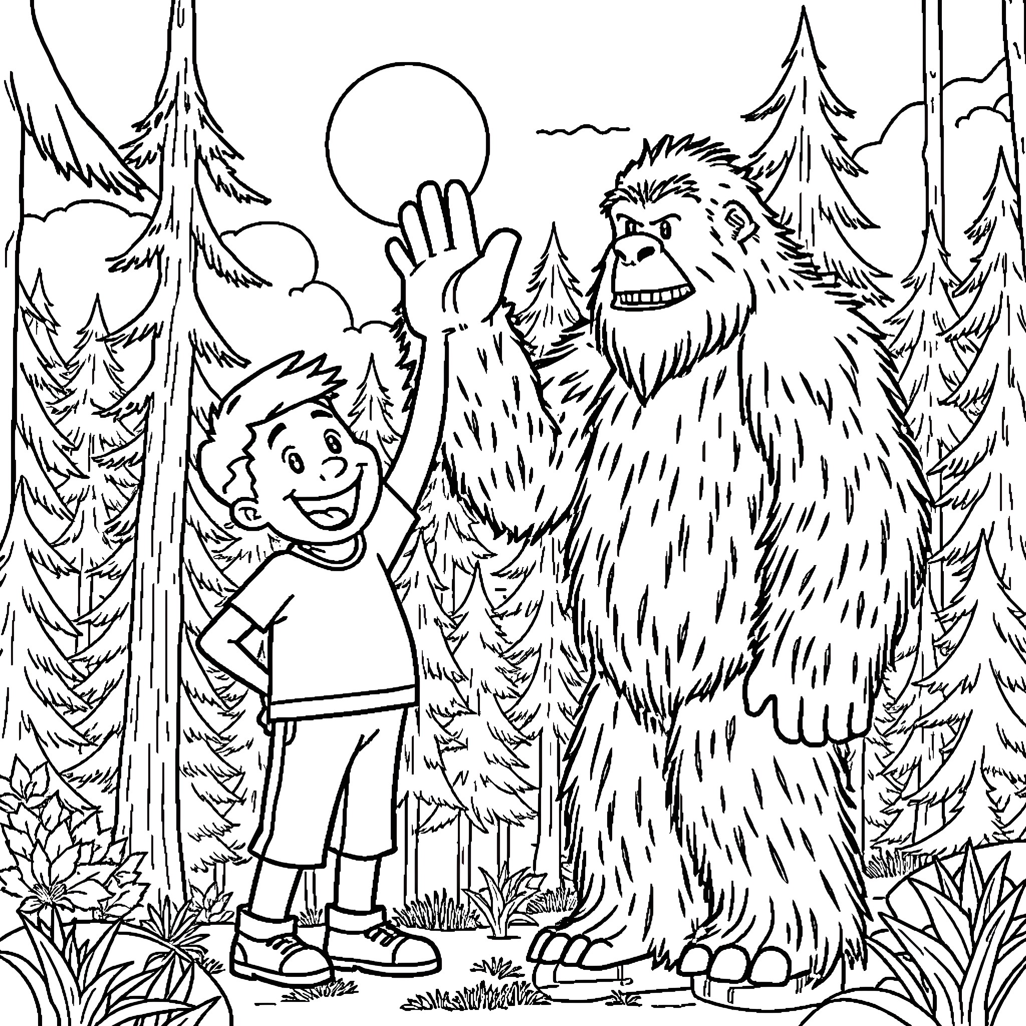 Bob's Friendly Encounter with a Giant Furry Creature Coloring Page (free black-and-white line drawing printable PDF for all, from beginners to advanced learners, including children, teens, adults, and seniors)