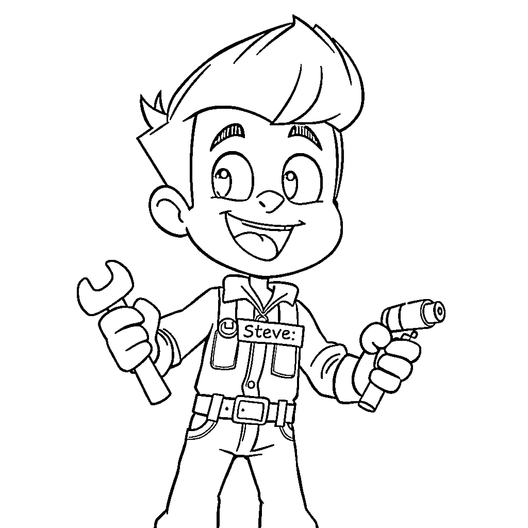 Jimmy Neutron as a happy mechanic with tools Coloring Page (free black-and-white line drawing printable PDF for all, from beginners to advanced learners, including children, teens, adults, and seniors)
