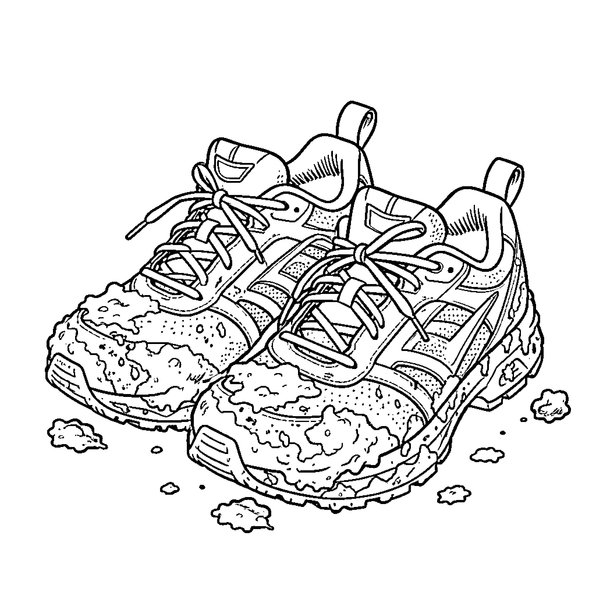 Shoe kicking up clouds in the mud Coloring Page (free black-and-white line drawing printable PDF for all, from beginners to advanced learners, including children, teens, adults, and seniors)
