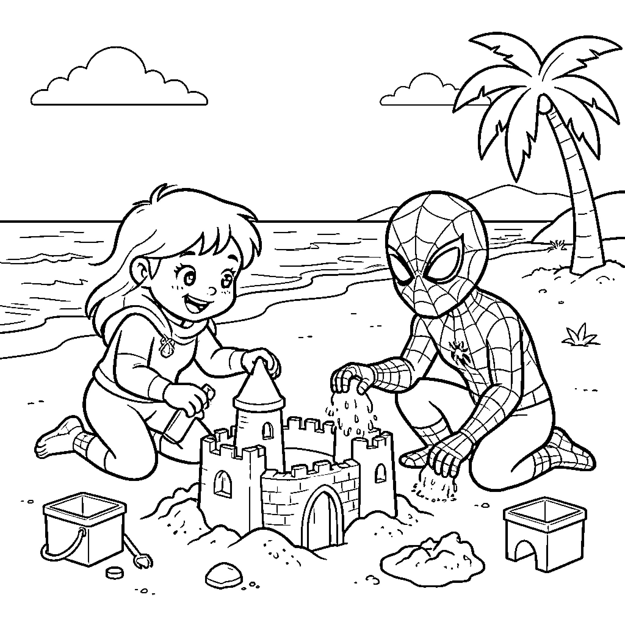 Gabi and Spider-Man building a sandcastle at the beach Coloring Page (free black-and-white line drawing printable PDF for all, from beginners to advanced learners, including children, teens, adults, and seniors)
