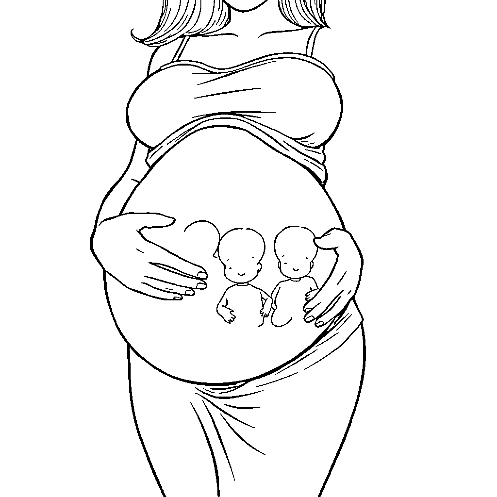 Pregnant Woman Embracing Unborn Twins Coloring Page (free black-and-white line drawing printable PDF for all, from beginners to advanced learners, including children, teens, adults, and seniors)