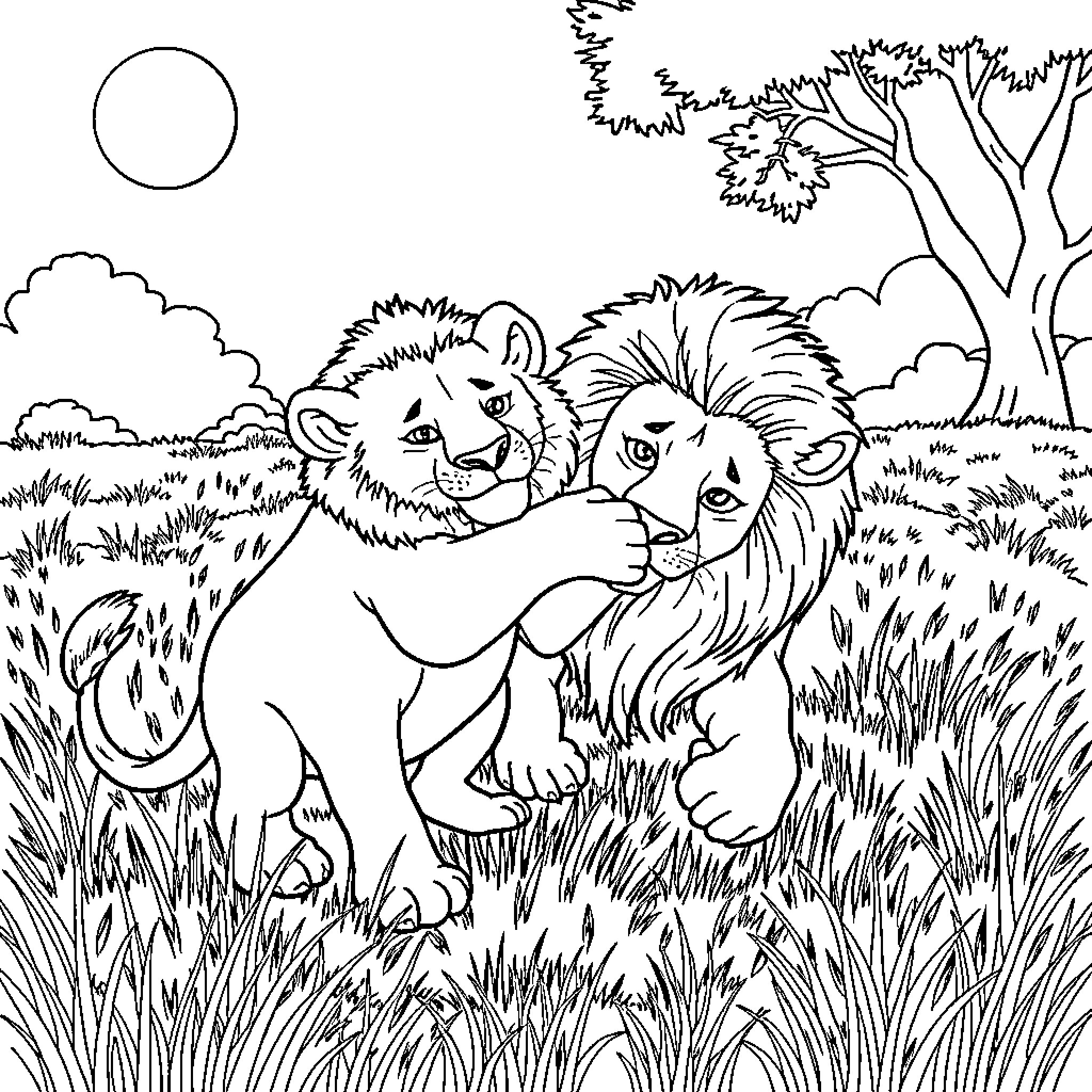 Lion cubs playfully interacting in nature Coloring Page (free black-and-white line drawing printable PDF for all, from beginners to advanced learners, including children, teens, adults, and seniors)
