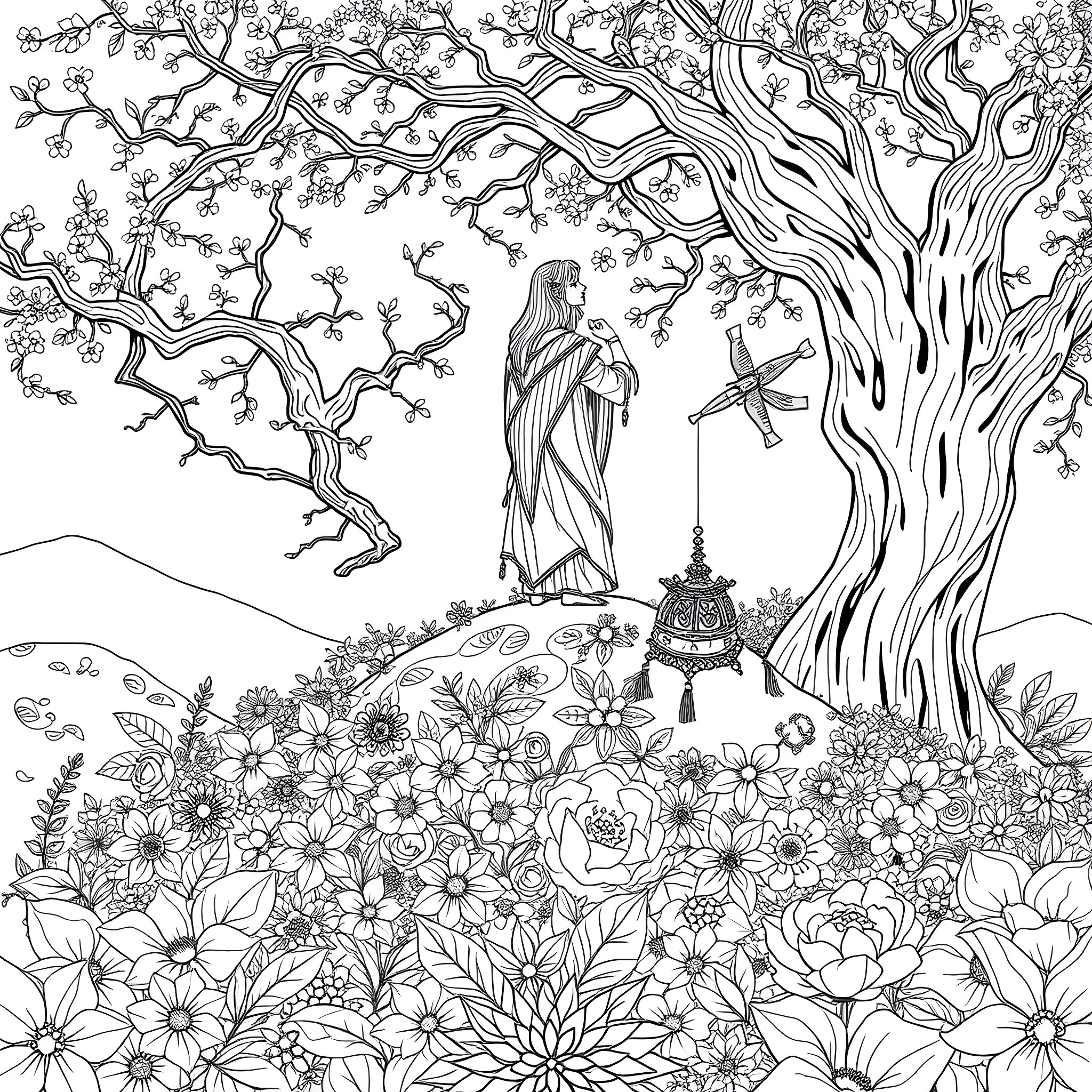 Mounia in a Lush Floral Garden Coloring Page (free black-and-white line drawing printable PDF for all, from beginners to advanced learners, including children, teens, adults, and seniors)