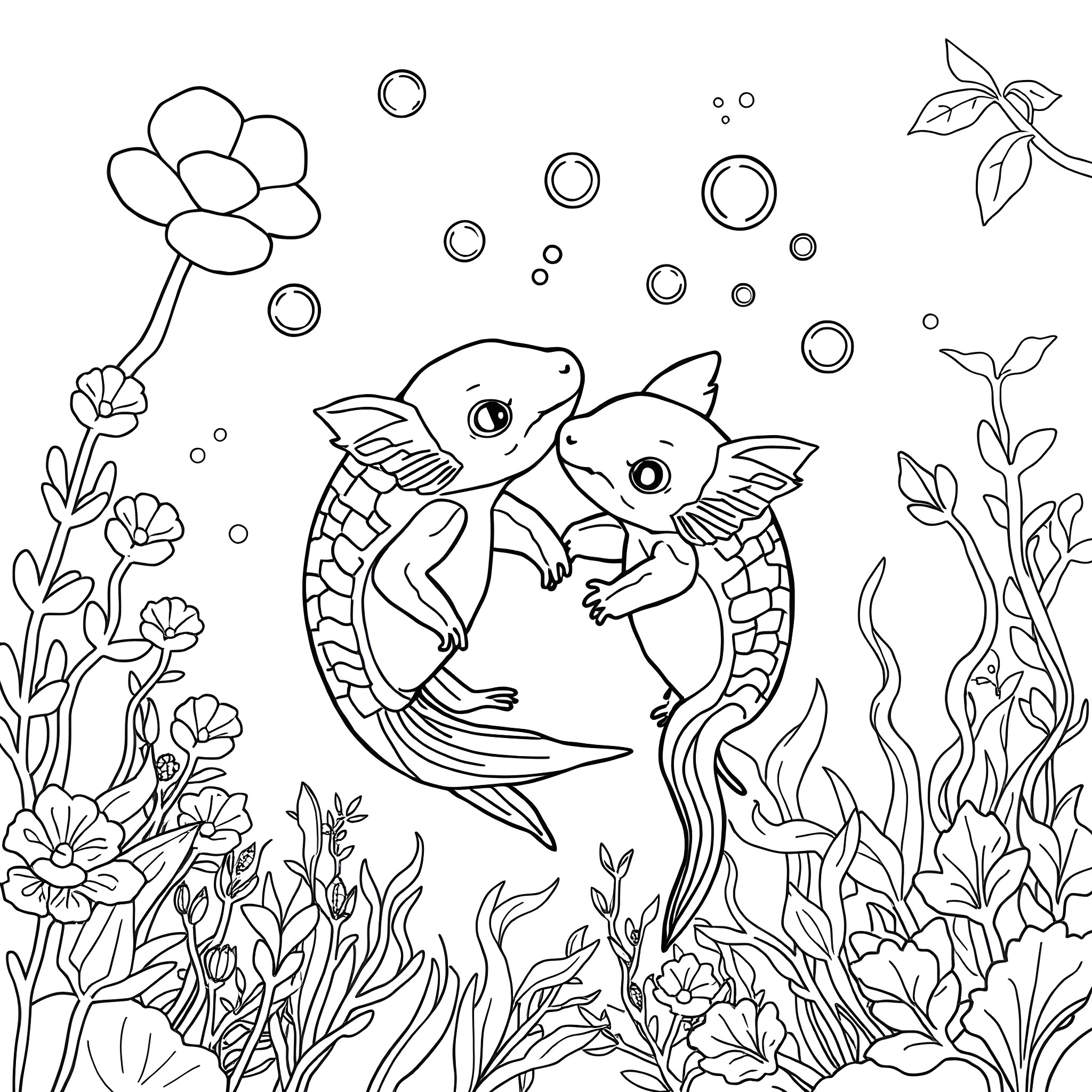 Axolotl playing joyfully in an underwater garden Coloring Page (free black-and-white line drawing printable PDF for all, from beginners to advanced learners, including children, teens, adults, and seniors)