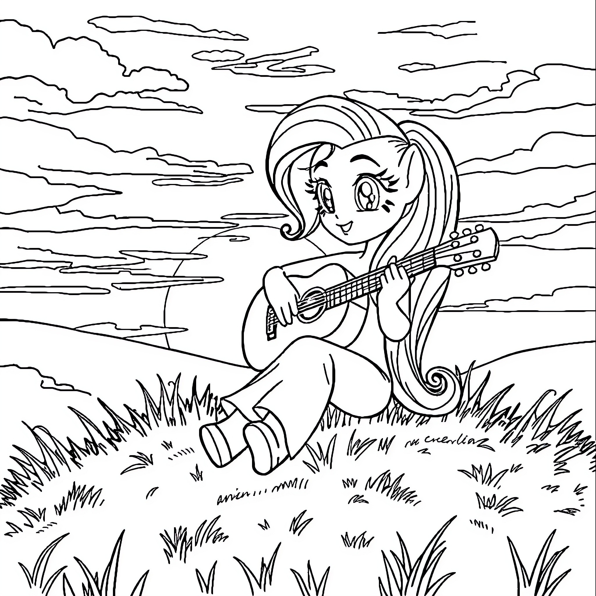 Sunset Shimmer playing guitar in a serene landscape Coloring Page (free black-and-white line drawing printable PDF for all, from beginners to advanced learners, including children, teens, adults, and seniors)
