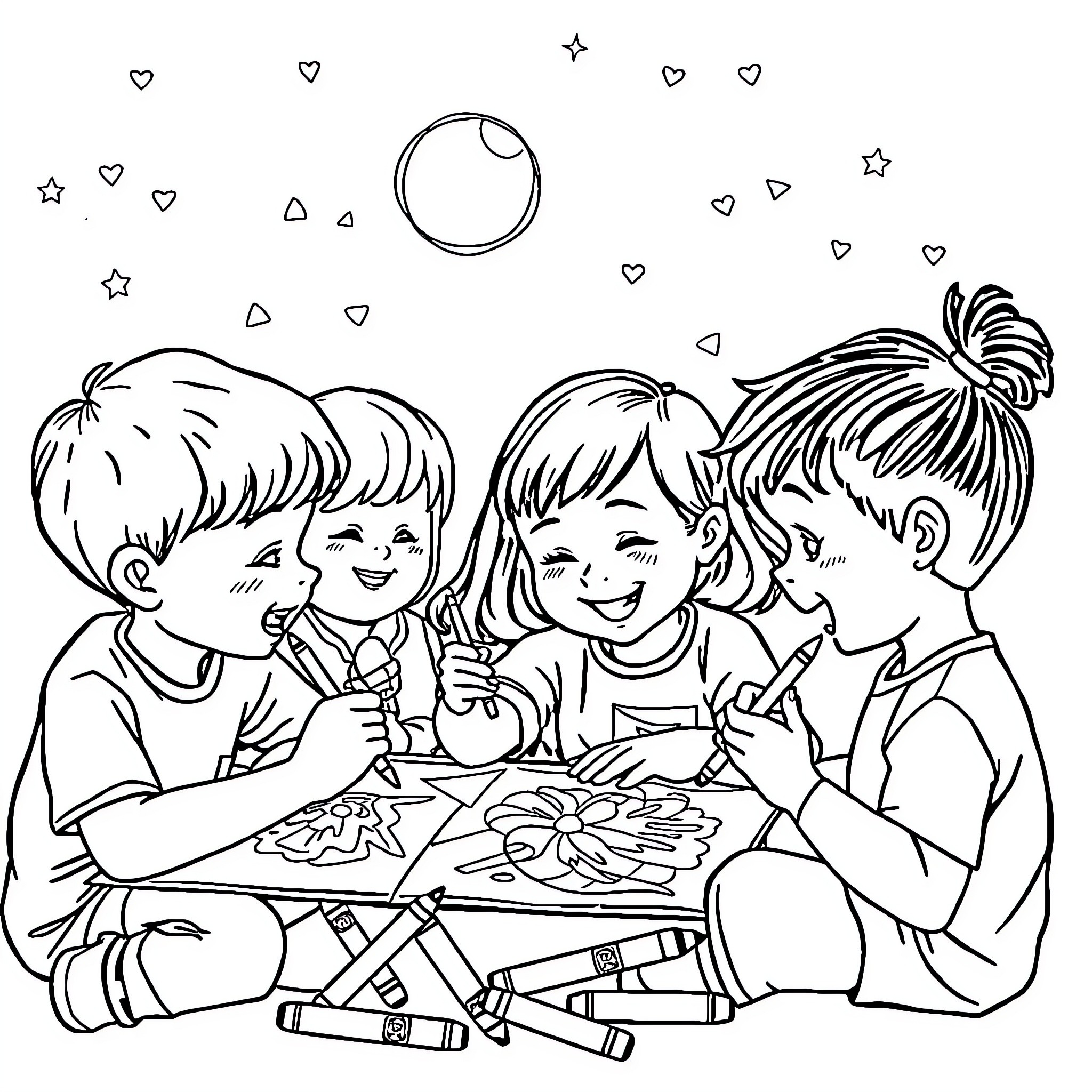 Children enjoying arts and crafts together Coloring Page (free black-and-white line drawing printable PDF for all, from beginners to advanced learners, including children, teens, adults, and seniors)
