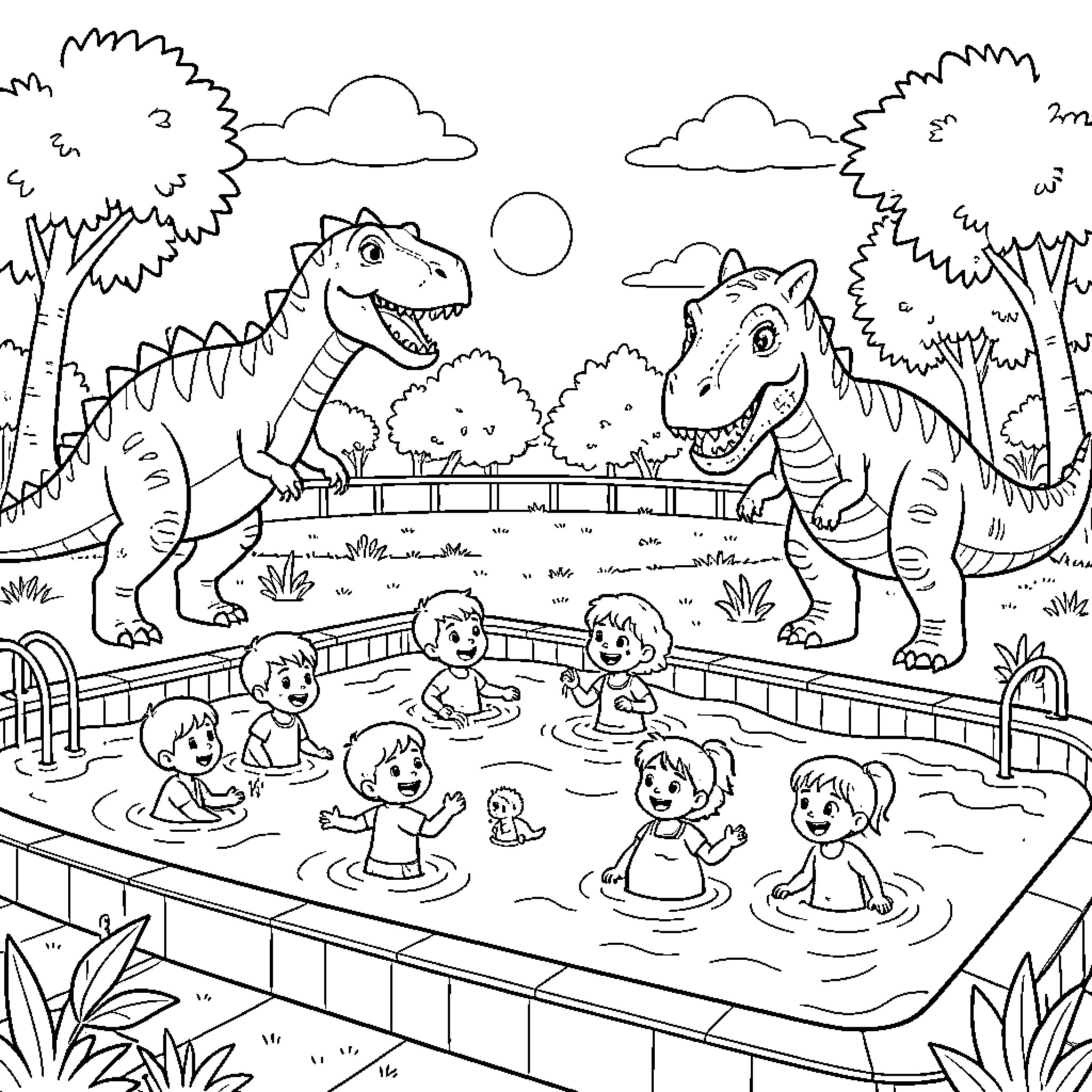 Dinosaur watching children playing in a swimming pool Coloring Page (free black-and-white line drawing printable PDF for all, from beginners to advanced learners, including children, teens, adults, and seniors)
