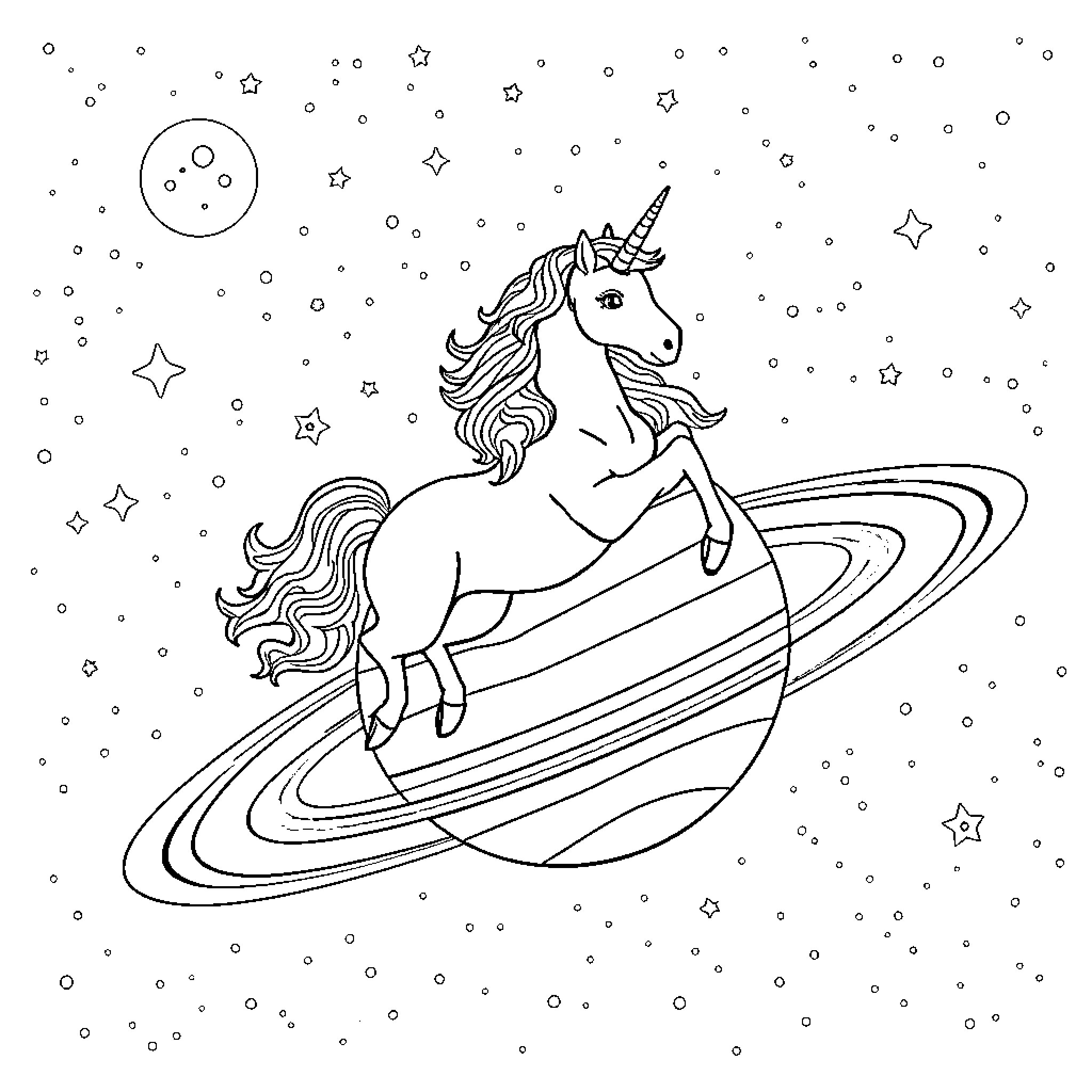 Unicorn riding a celestial ring amidst the stars Coloring Page (free black-and-white line drawing printable PDF for all, from beginners to advanced learners, including children, teens, adults, and seniors)