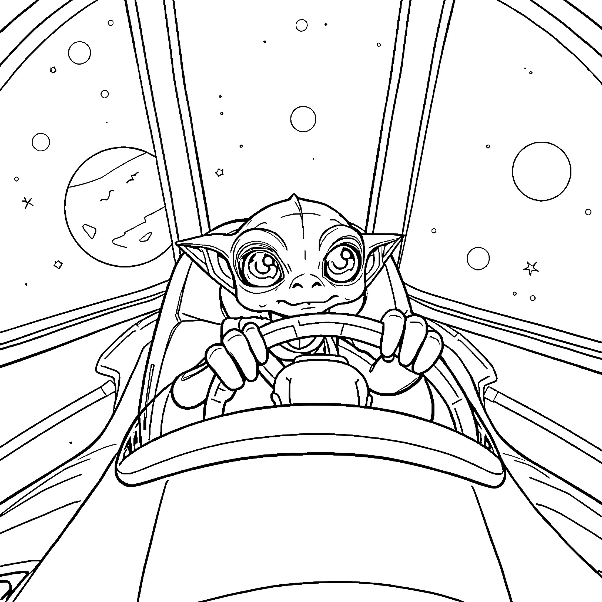 Alien Pilot Steering Intergalactic Spacecraft Coloring Page (free black-and-white line drawing printable PDF for all, from beginners to advanced learners, including children, teens, adults, and seniors)