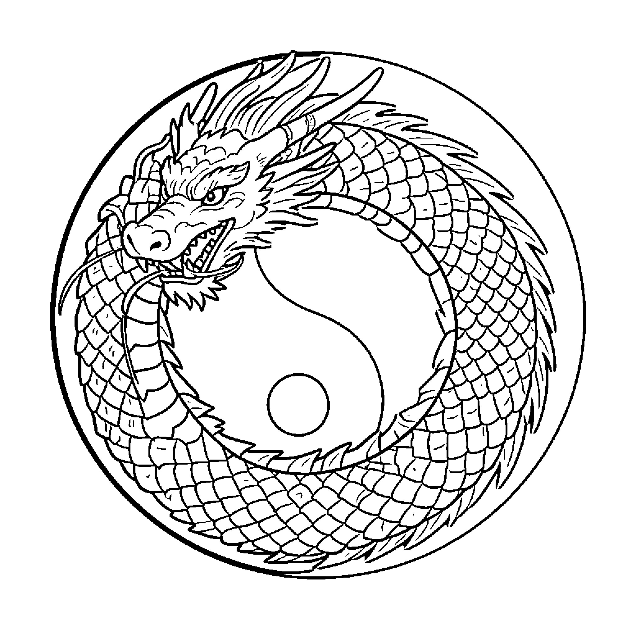 Yin Yang symbol framed by a majestic dragon Coloring Page (free black-and-white line drawing printable PDF for all, from beginners to advanced learners, including children, teens, adults, and seniors)