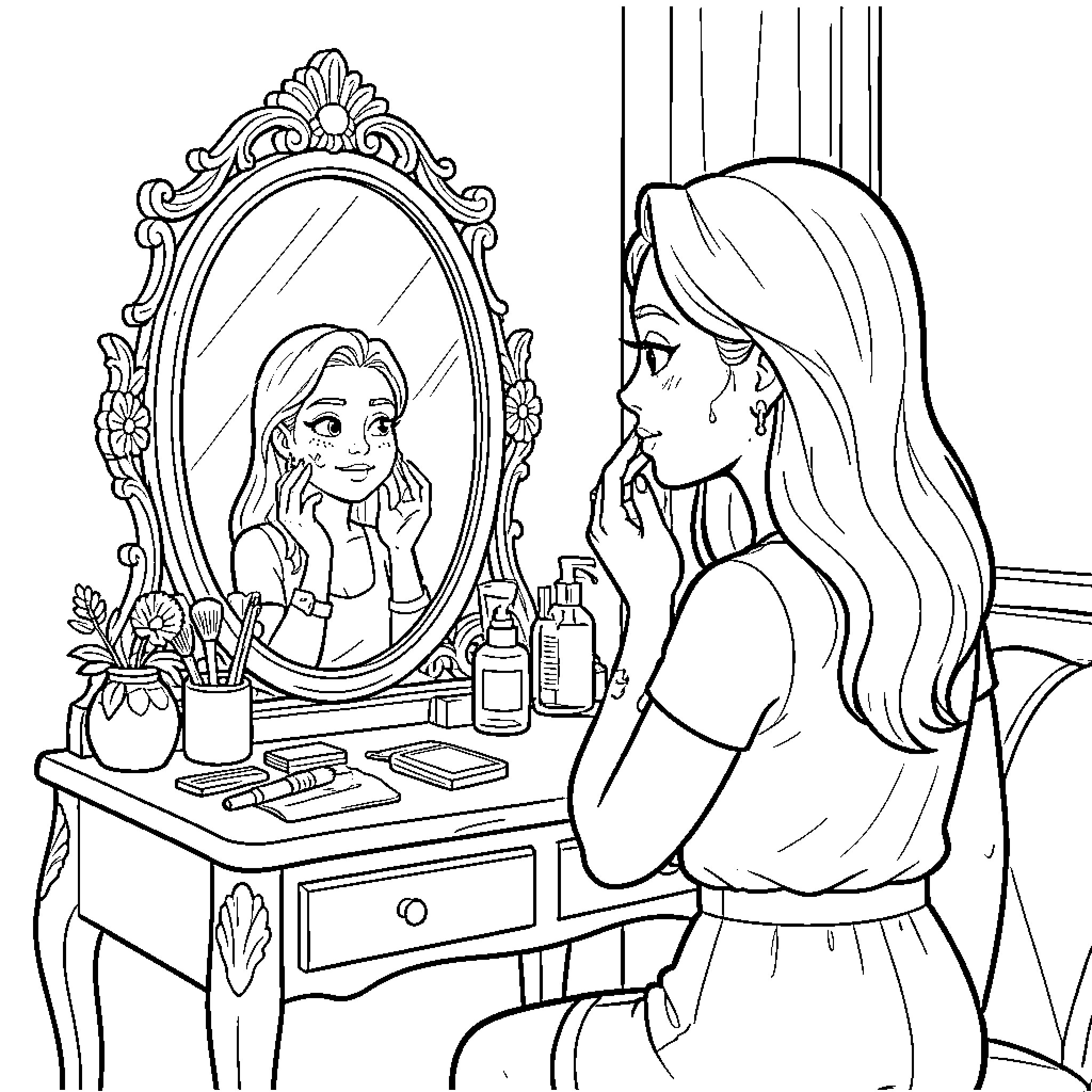 Woman Examining Herself in Ornate Mirror Coloring Page (free black-and-white line drawing printable PDF for all, from beginners to advanced learners, including children, teens, adults, and seniors)