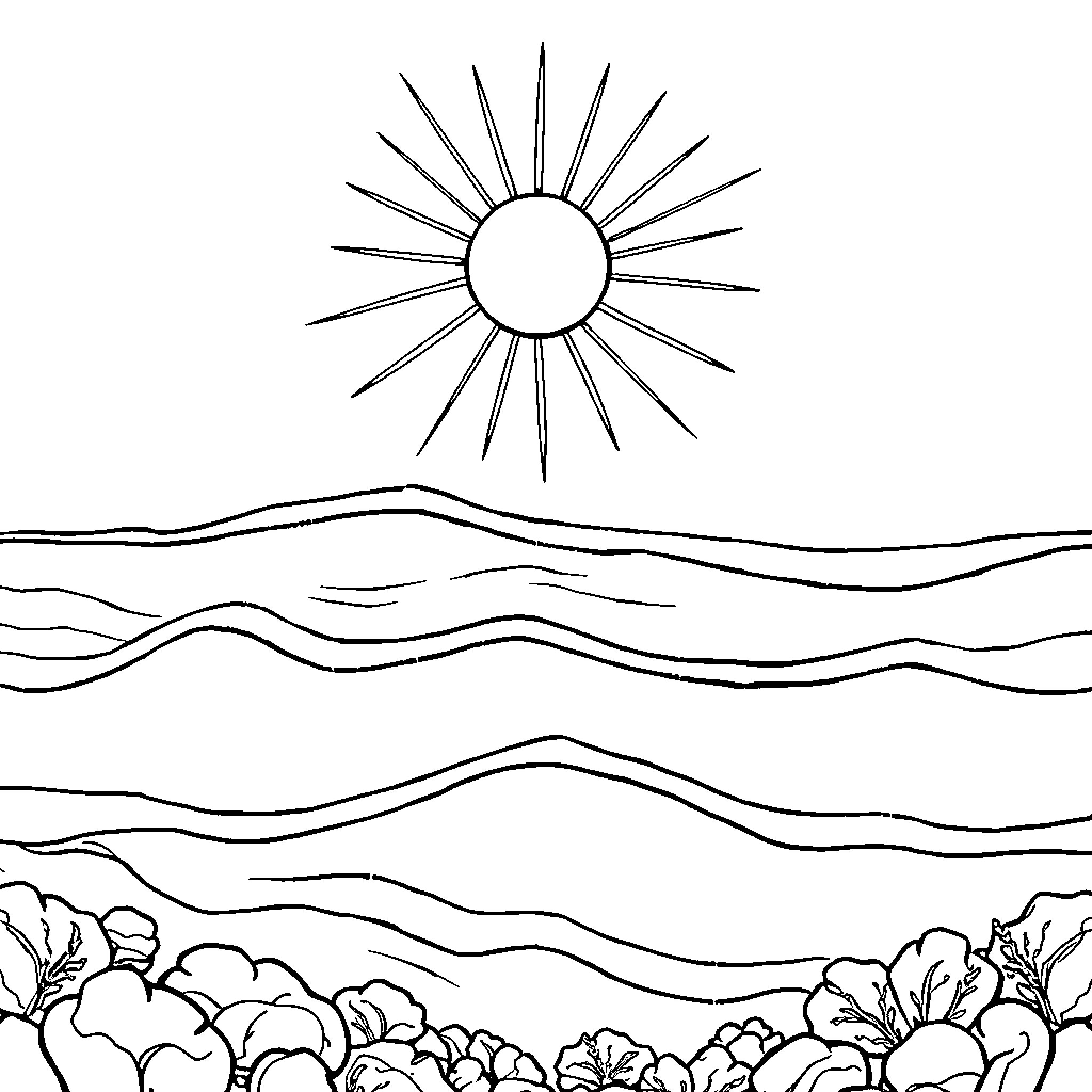 Sea Waves and Shining Sun Coloring Page (free black-and-white line drawing printable PDF for all, from beginners to advanced learners, including children, teens, adults, and seniors)