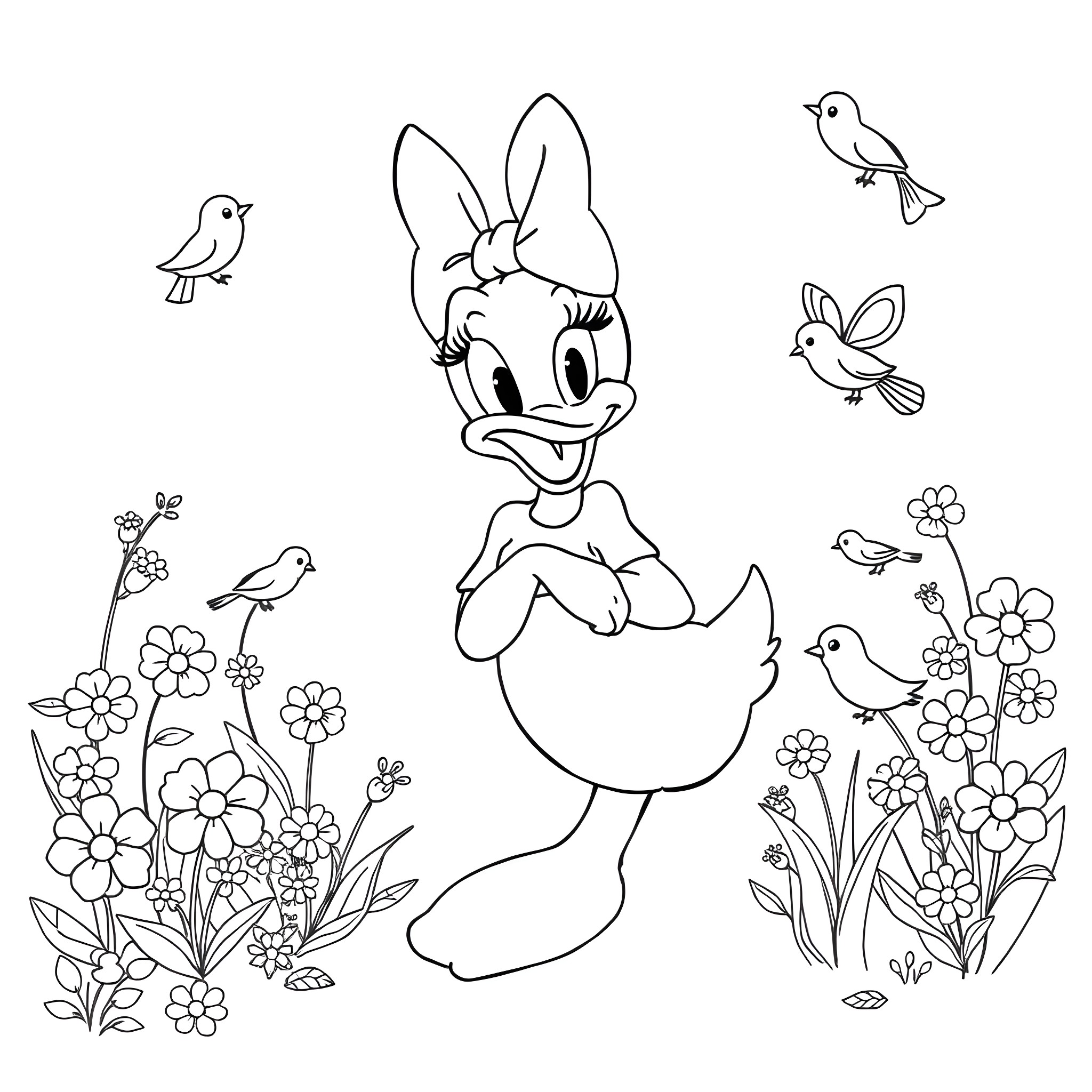 Daisy Duck surrounded by cheerful birds and flowers Coloring Page (free black-and-white line drawing printable PDF for all, from beginners to advanced learners, including children, teens, adults, and seniors)