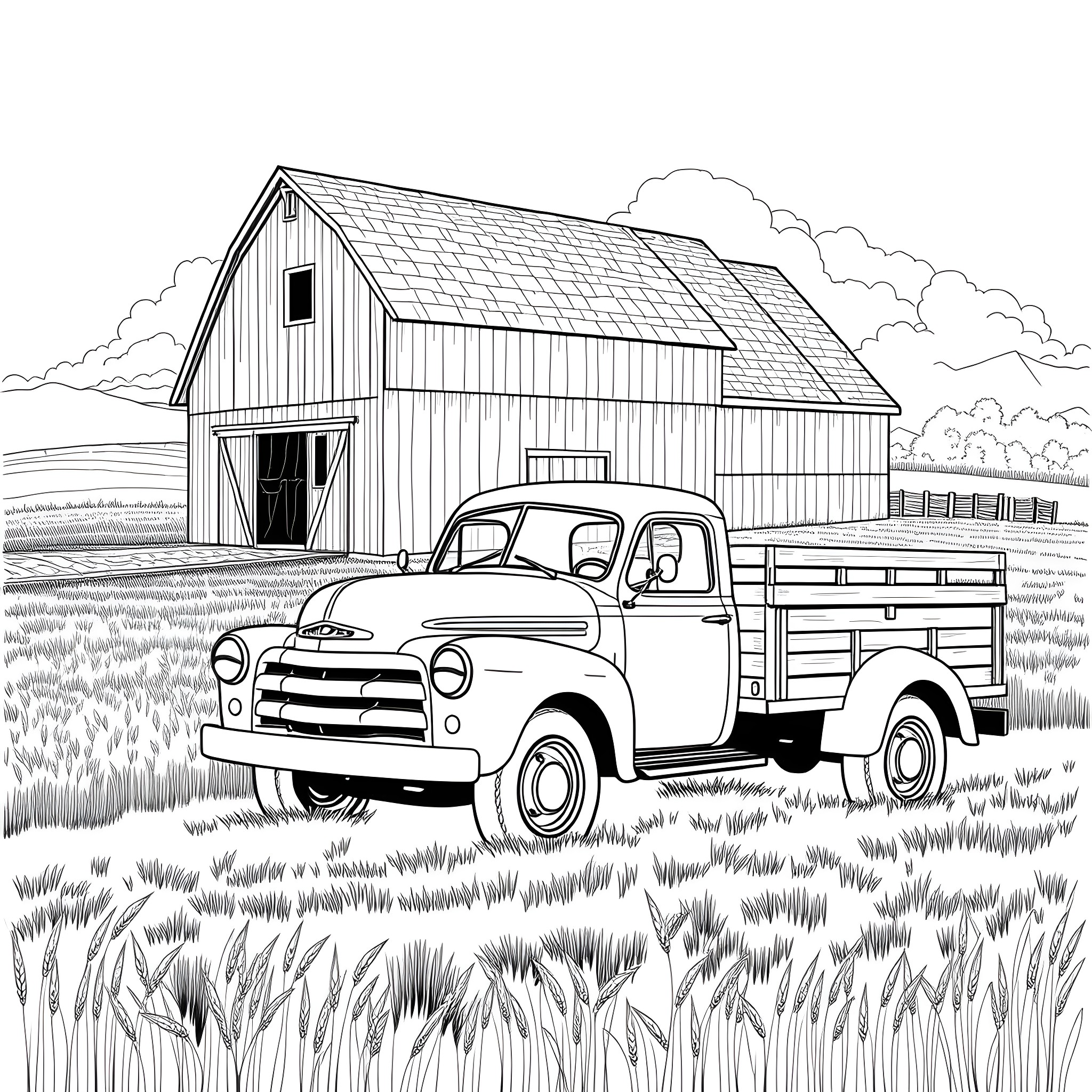 Grain Pickup Truck in Countryside Barn Scene Coloring Page (free black-and-white line drawing printable PDF for all, from beginners to advanced learners, including children, teens, adults, and seniors)