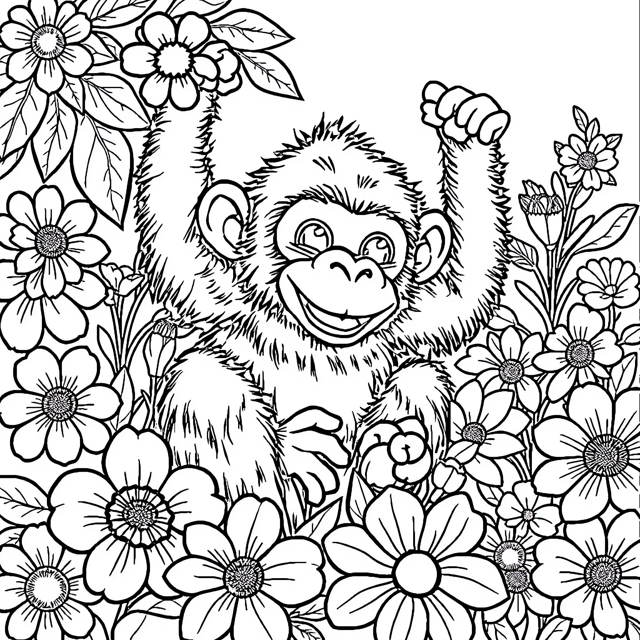 Monkey surrounded by colorful flowers Coloring Page (free black-and-white line drawing printable PDF for all, from beginners to advanced learners, including children, teens, adults, and seniors)