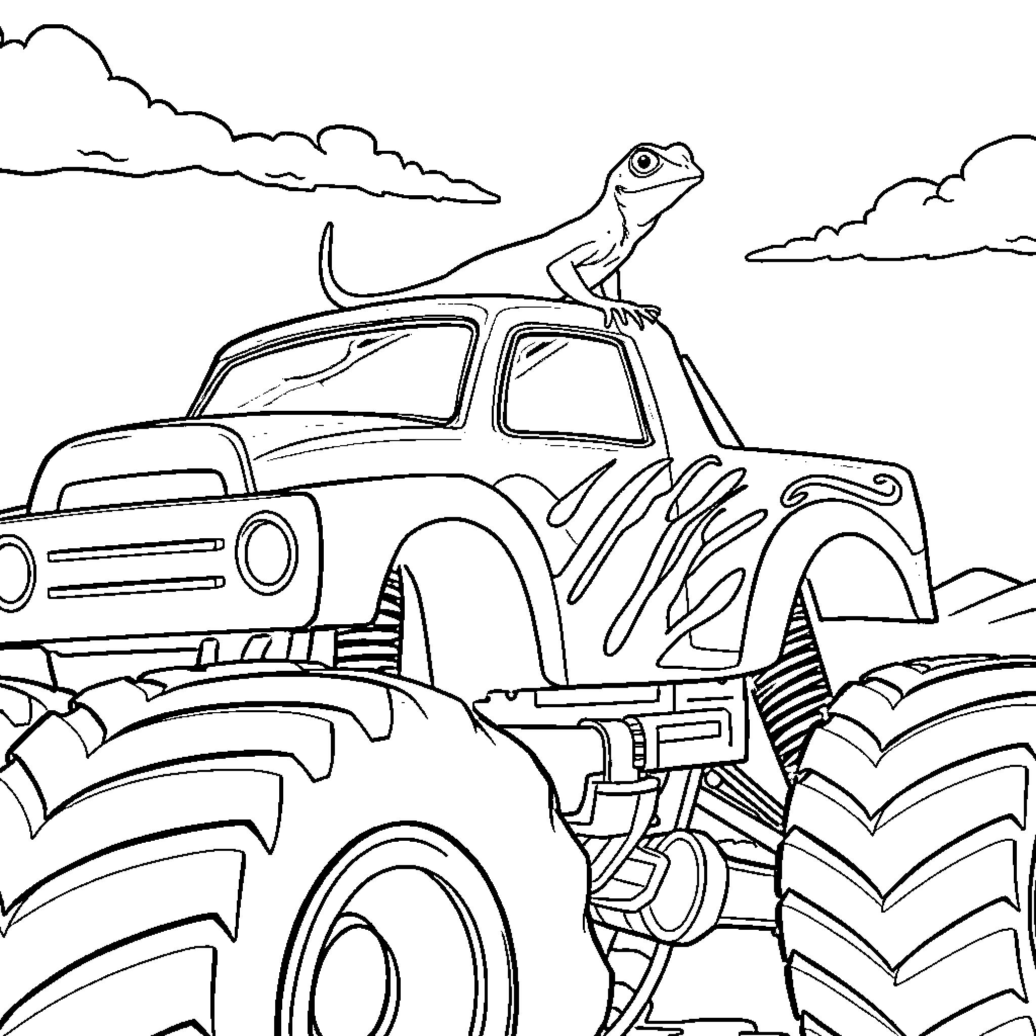 Lizard exploring the countryside on a monster truck Coloring Page (free black-and-white line drawing printable PDF for all, from beginners to advanced learners, including children, teens, adults, and seniors)