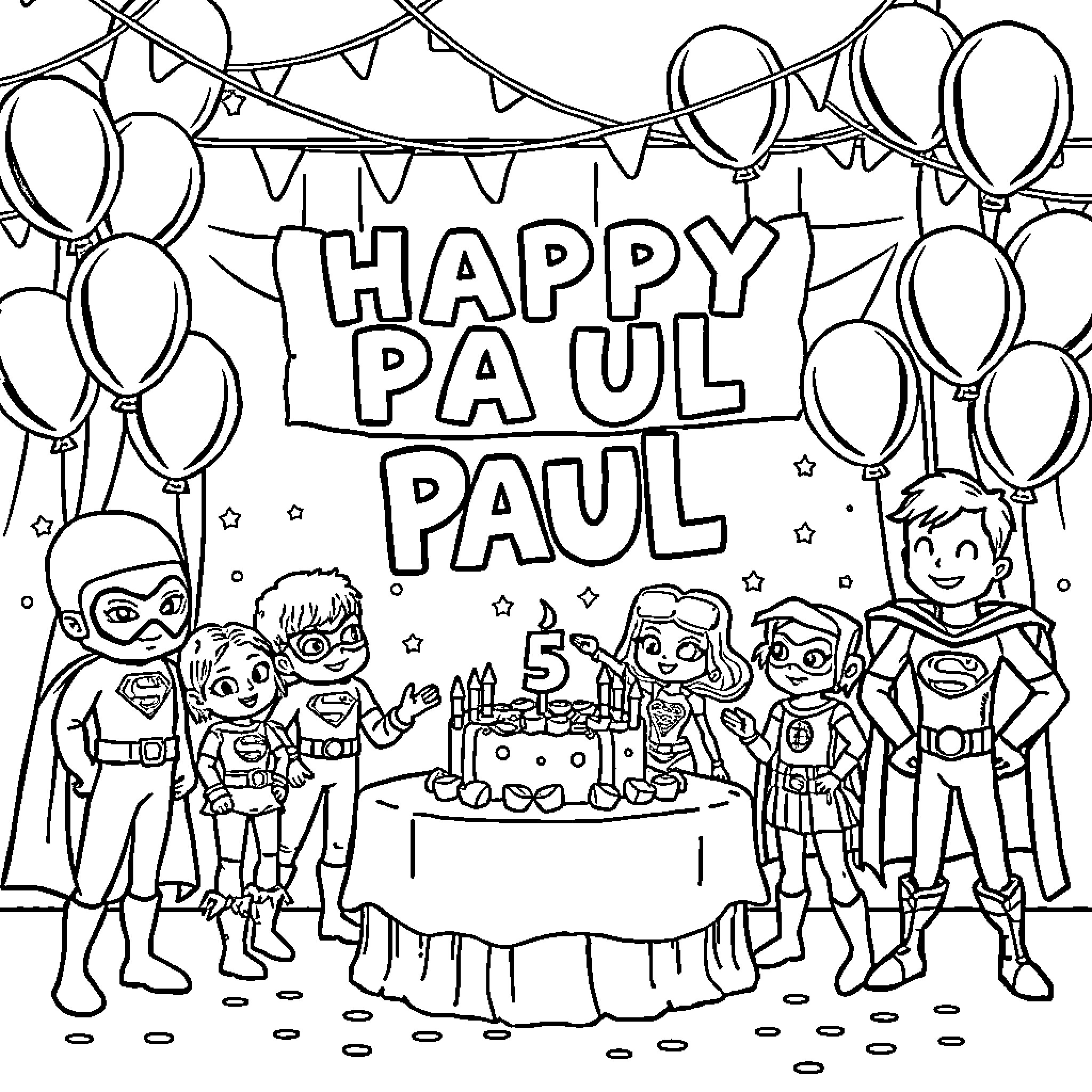 Superhero Birthday Party with Balloons and Cake Coloring Page (free black-and-white line drawing printable PDF for all, from beginners to advanced learners, including children, teens, adults, and seniors)