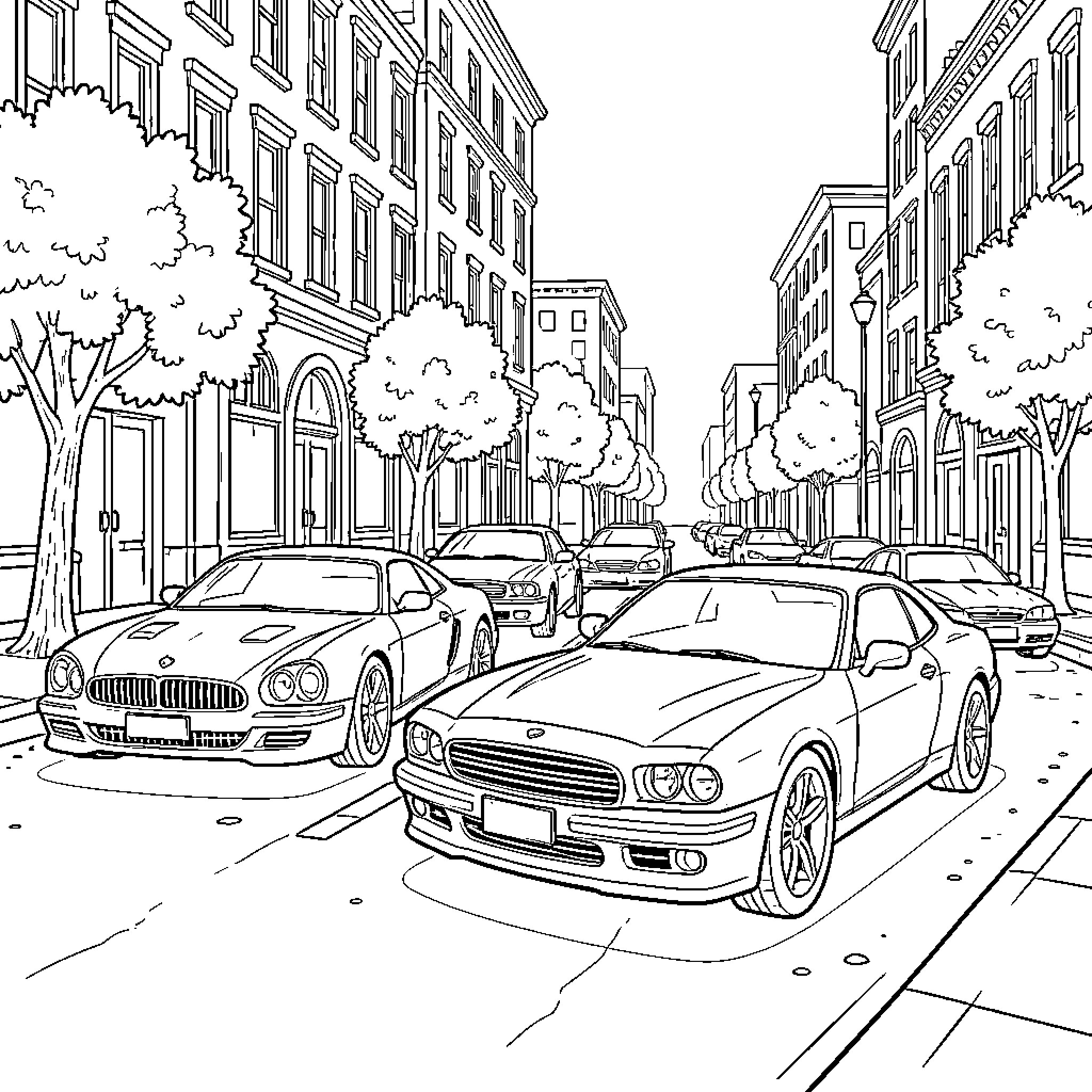 Cars driving through a city street Coloring Page (free black-and-white line drawing printable PDF for all, from beginners to advanced learners, including children, teens, adults, and seniors)