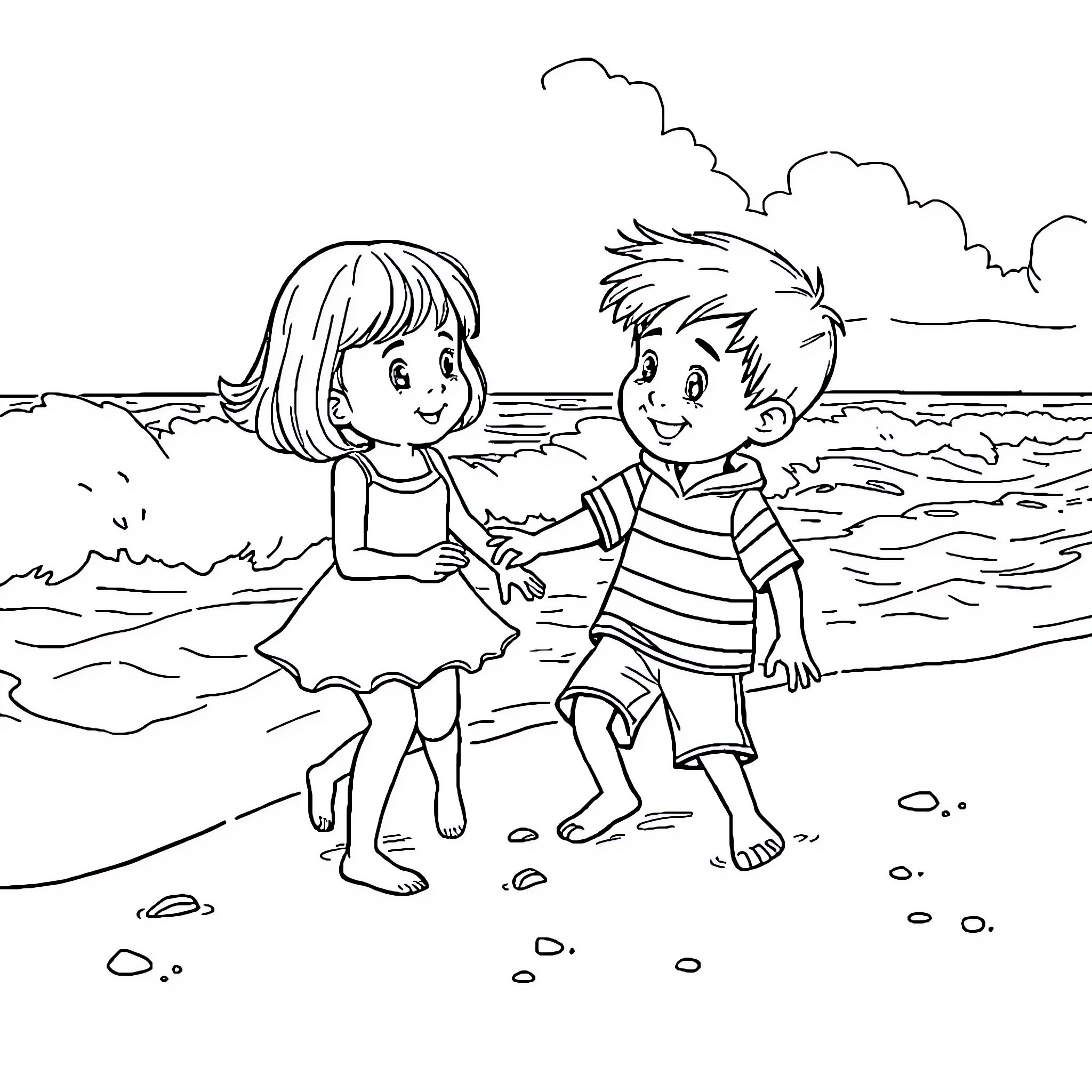 Olive et Tom playing together on the beach Coloring Page (free black-and-white line drawing printable PDF for all, from beginners to advanced learners, including children, teens, adults, and seniors)