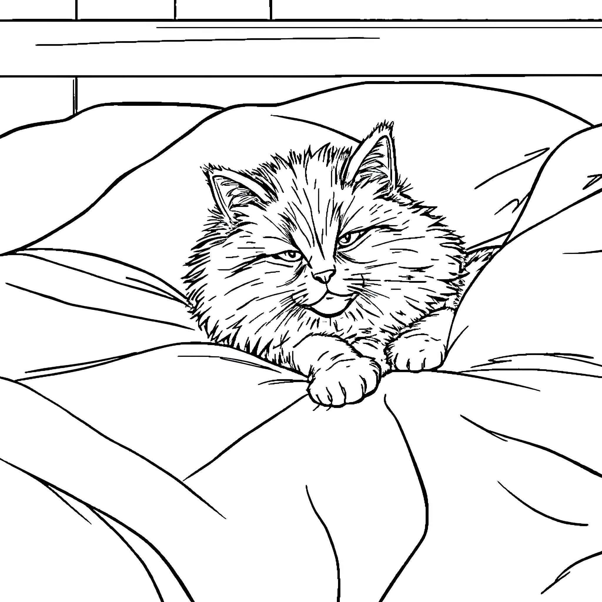 Cat relaxing peacefully in nature Coloring Page (free black-and-white line drawing printable PDF for all, from beginners to advanced learners, including children, teens, adults, and seniors)